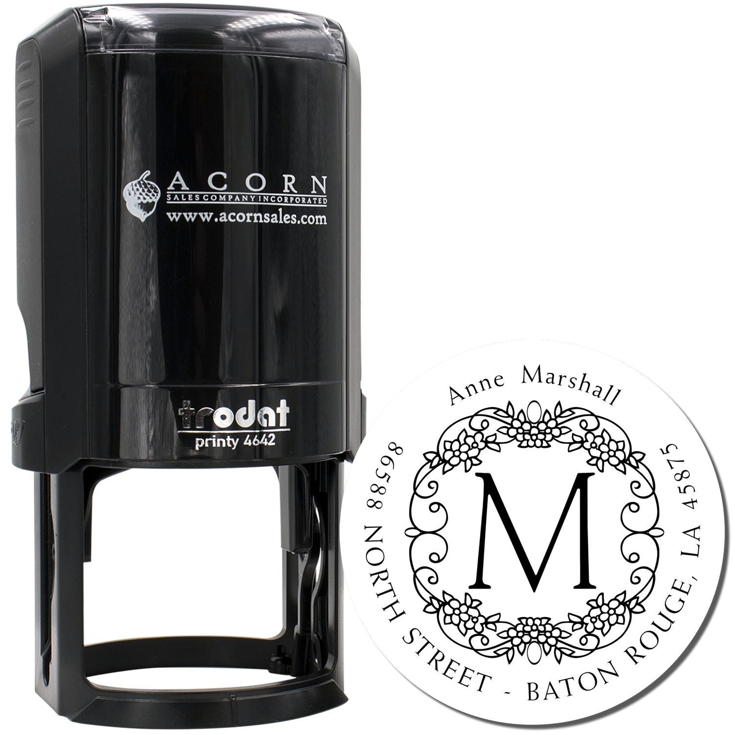 Custom self-inking rubber stamp with personalized monogram address design for envelopes, business mail, and stationery.