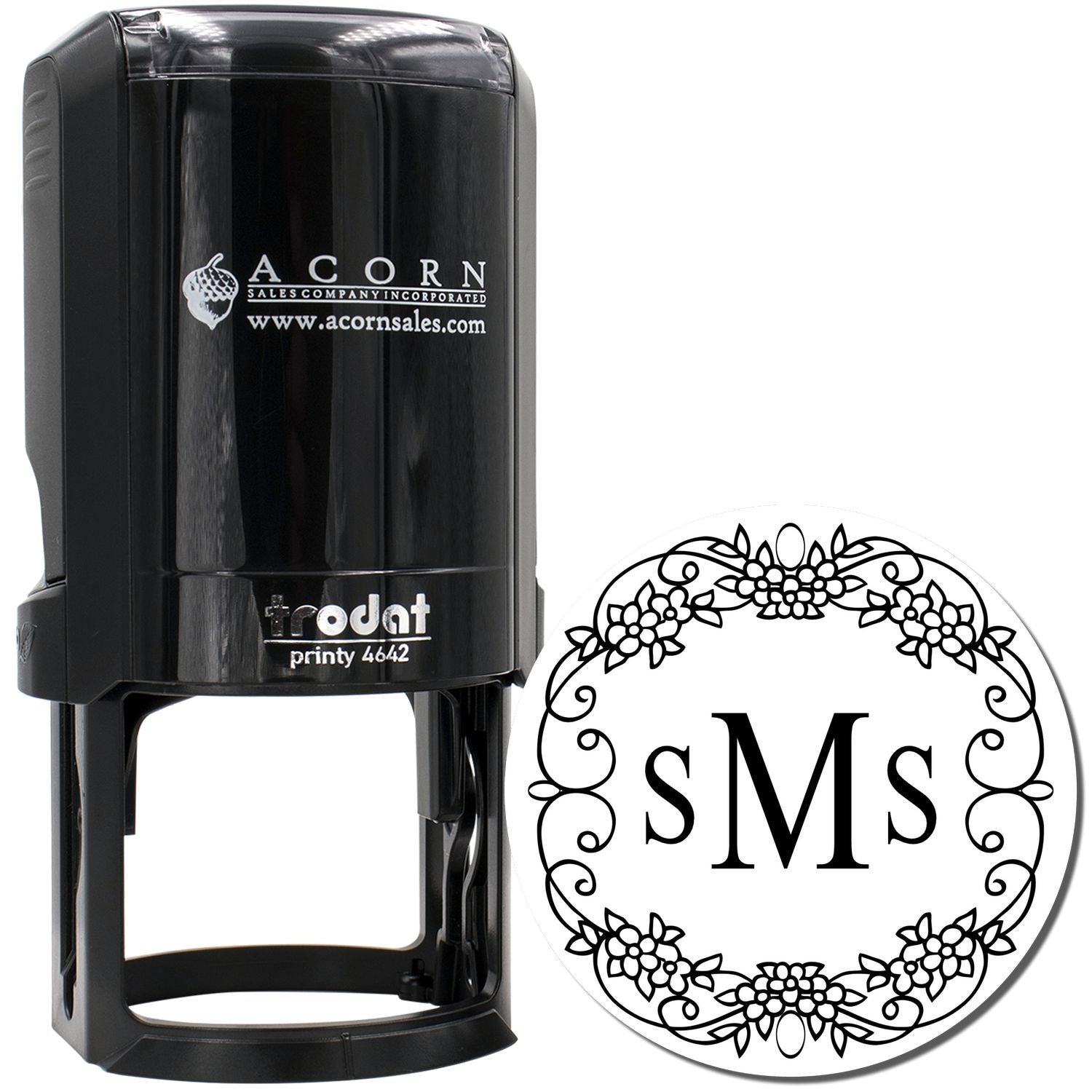 Personalized self-inking rubber stamp with floral monogram initials, Trodat Printy 4642
