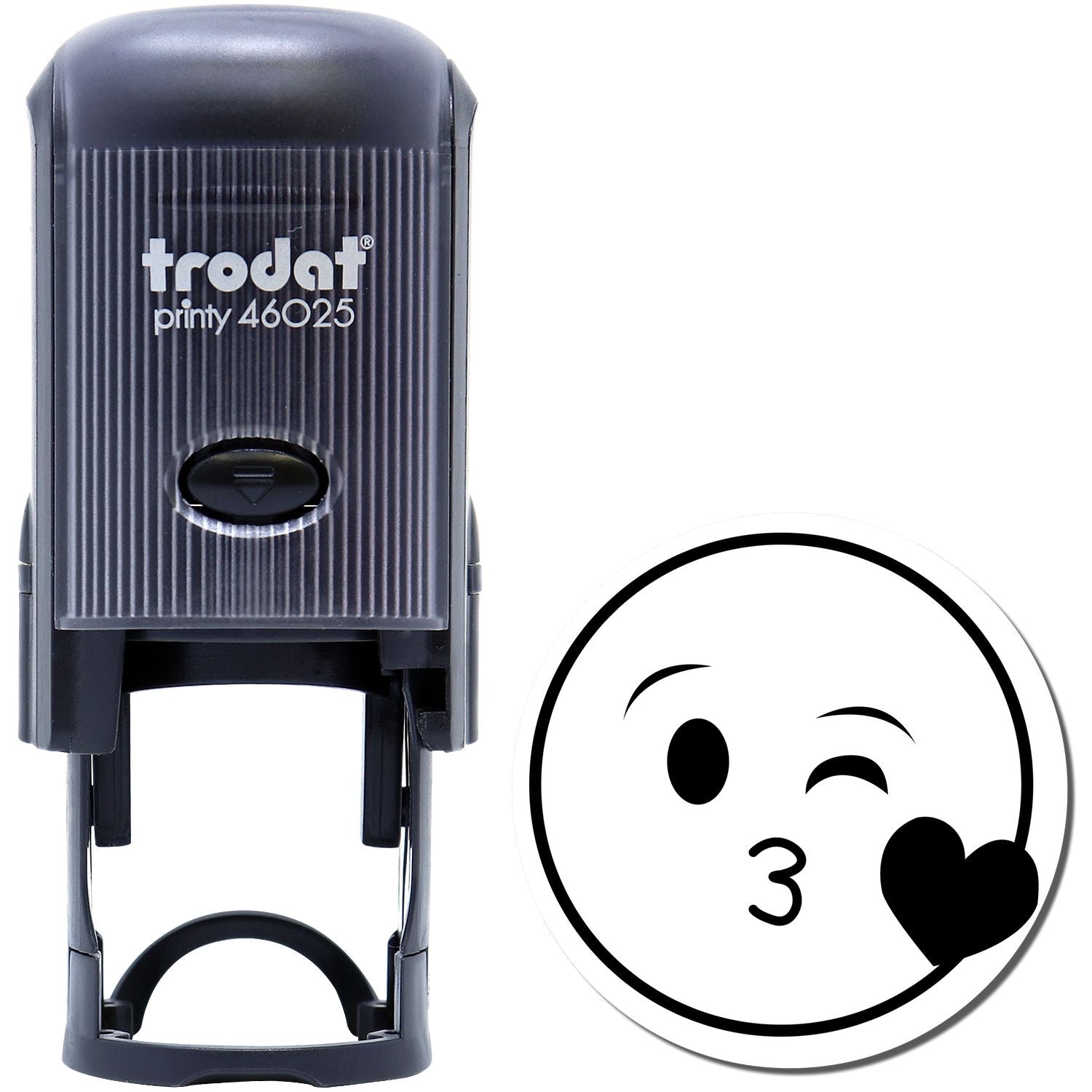 Trodat Printy 46025 custom self-inking stamp with heart kiss emoji design on white background