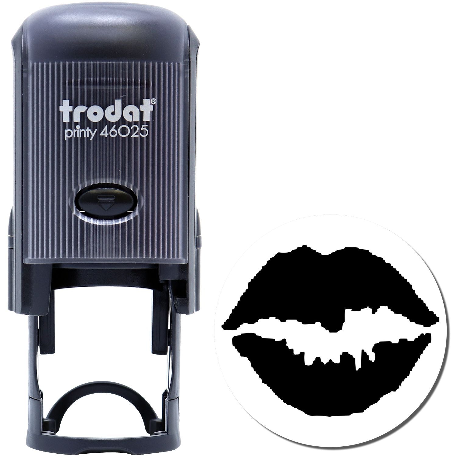 Trodat Printy 46025 self-inking rubber stamp with lips kiss icon, black office stamp on white background