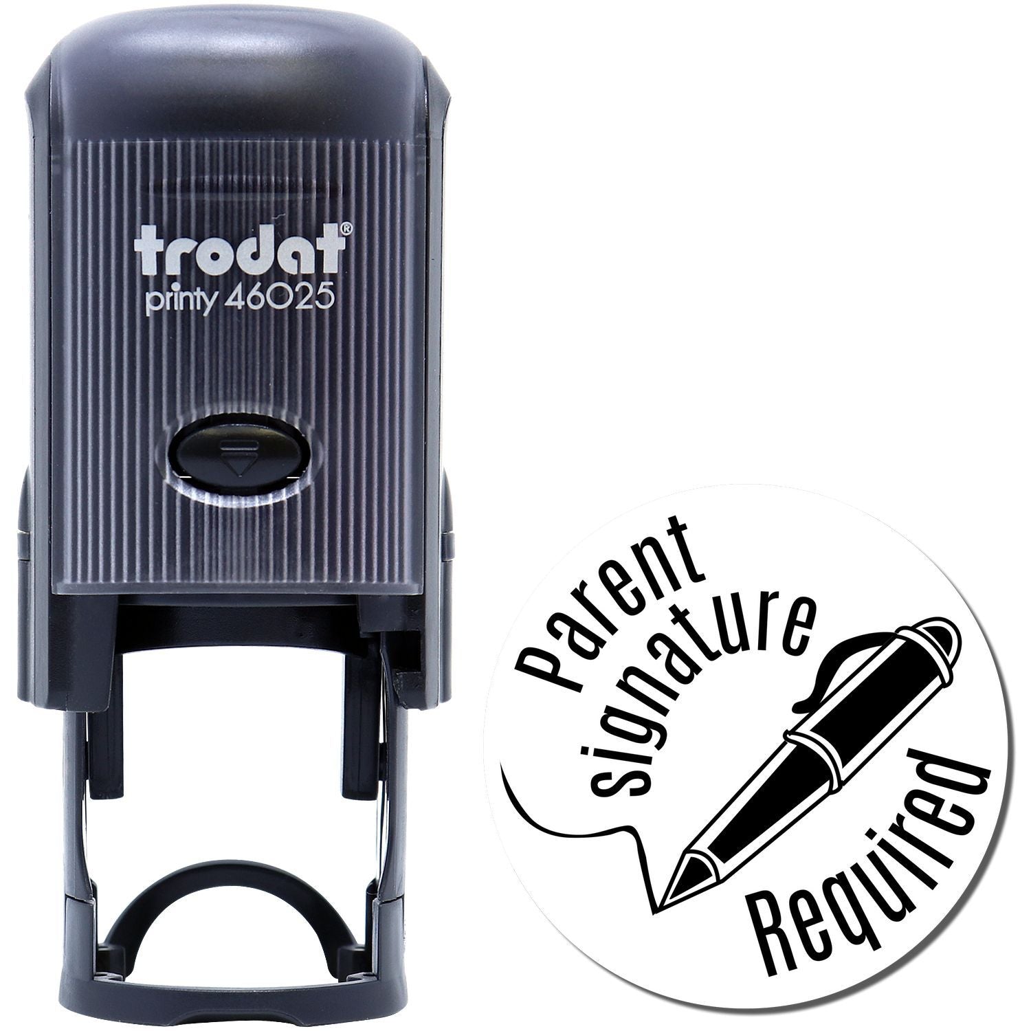 Trodat Printy 46025 self-inking stamp with Parent Signature Required impression and pen icon.