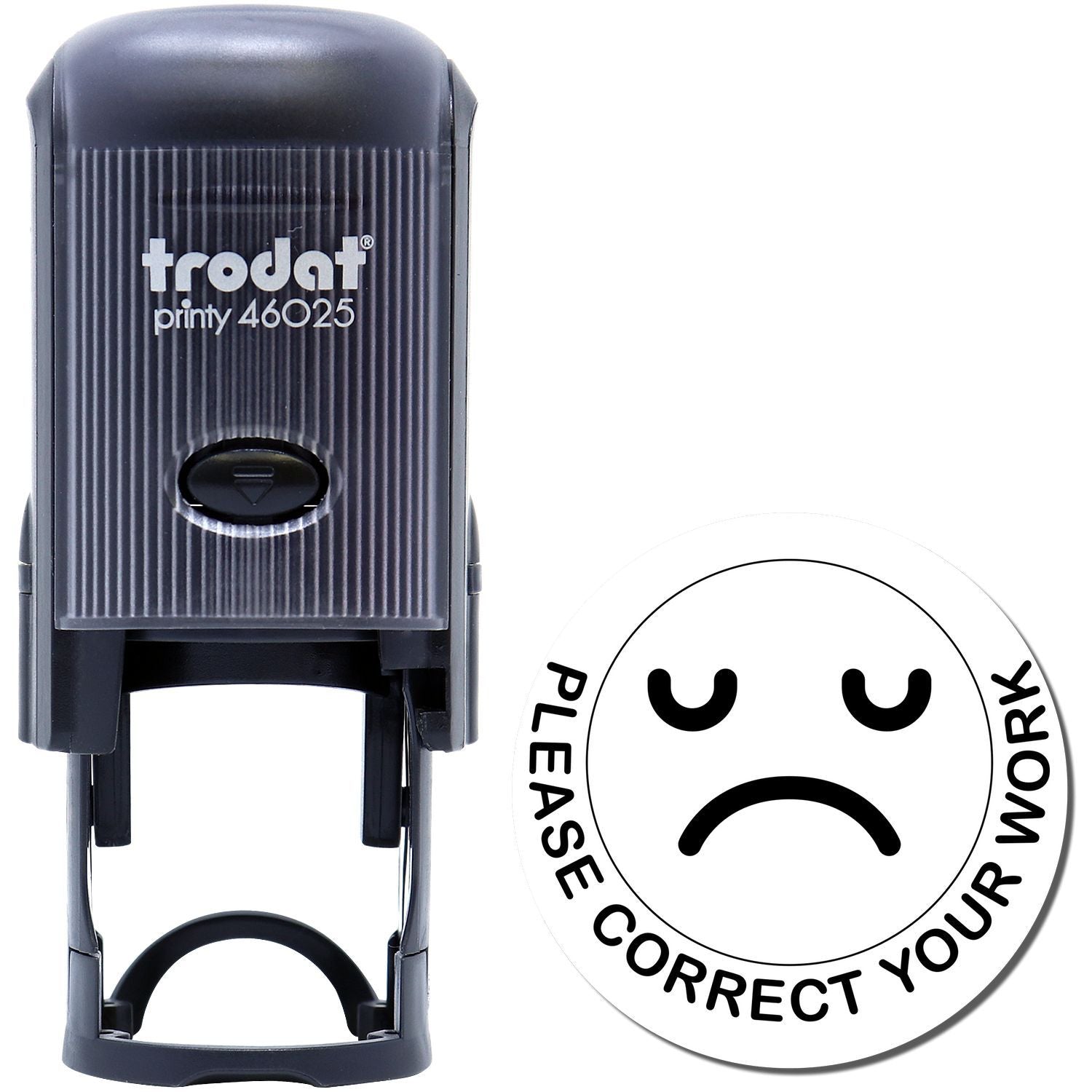 Trodat Printy 46025 self-inking Please Correct Your Work stamp with sad face design