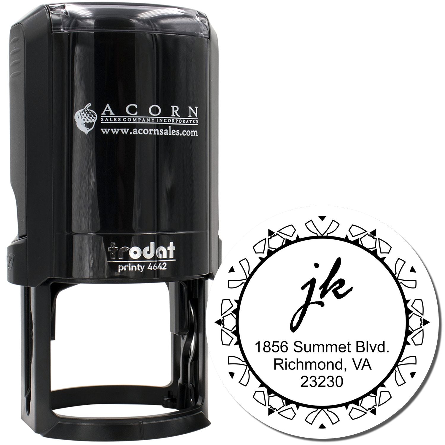 Custom self-inking rubber stamp with round address imprint and monogram, ideal for personalized mailing and branding.