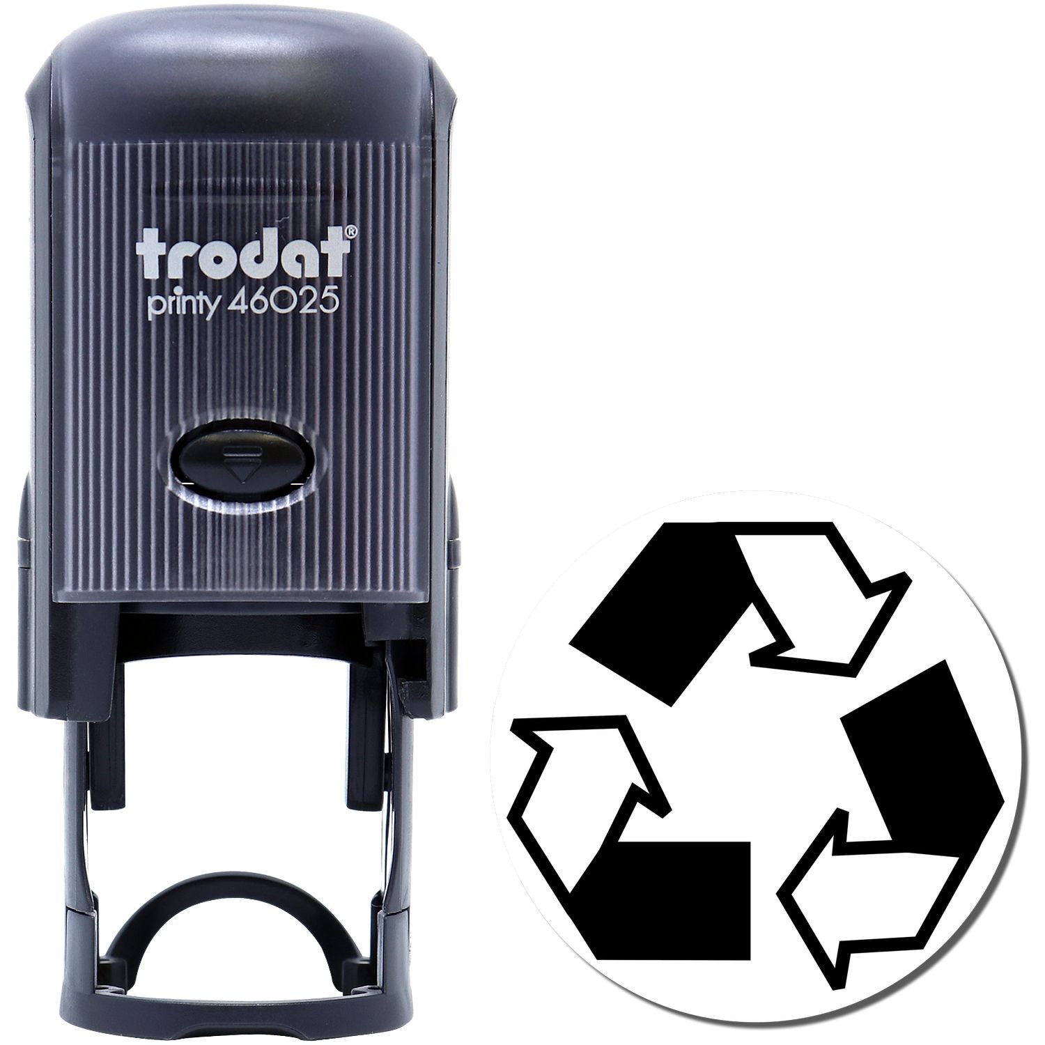 Trodat Printy 46025 self-inking recycling stamp with eco-friendly recycle symbol.