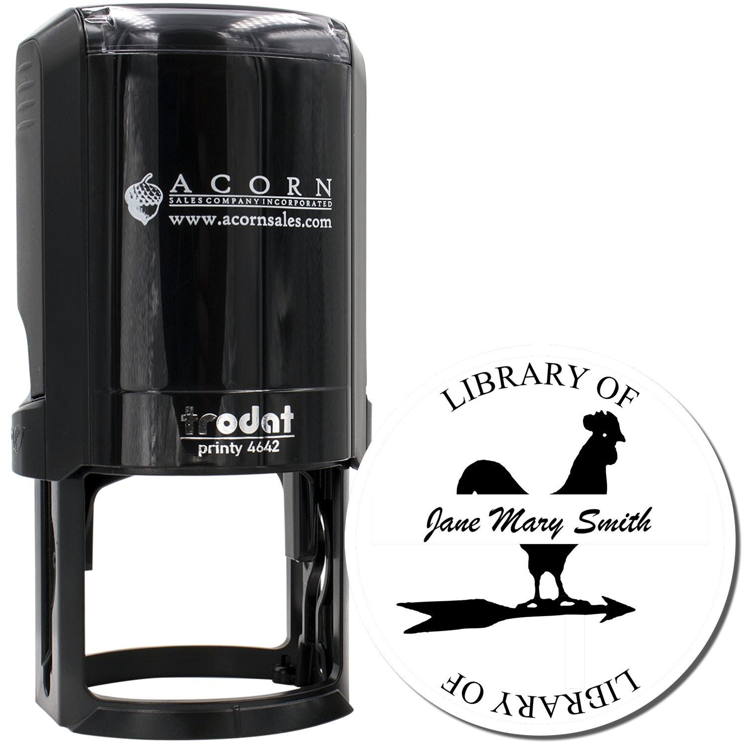 Custom Trodat self-inking rubber stamp for library books, featuring Library of Jane Mary Smith with rooster silhouette