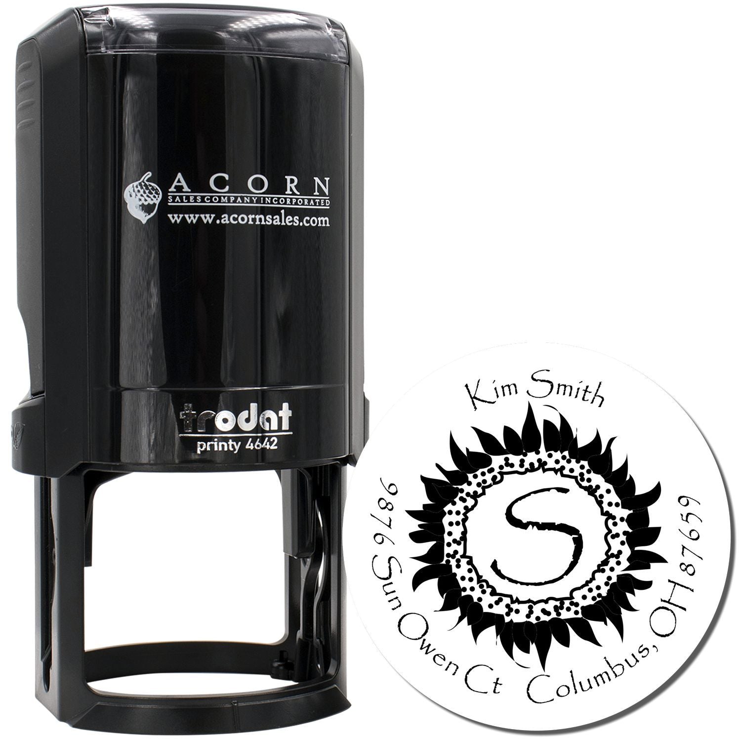 Custom self-inking rubber stamp with round address design, featuring Trodat Printy 4642 for business or personal mailing.