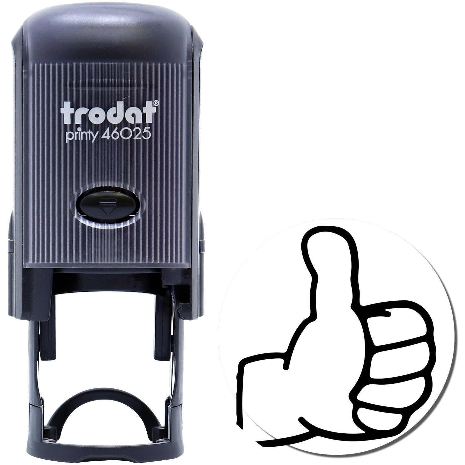 Trodat Printy 46025 self-inking approval stamp with thumbs up icon on white background