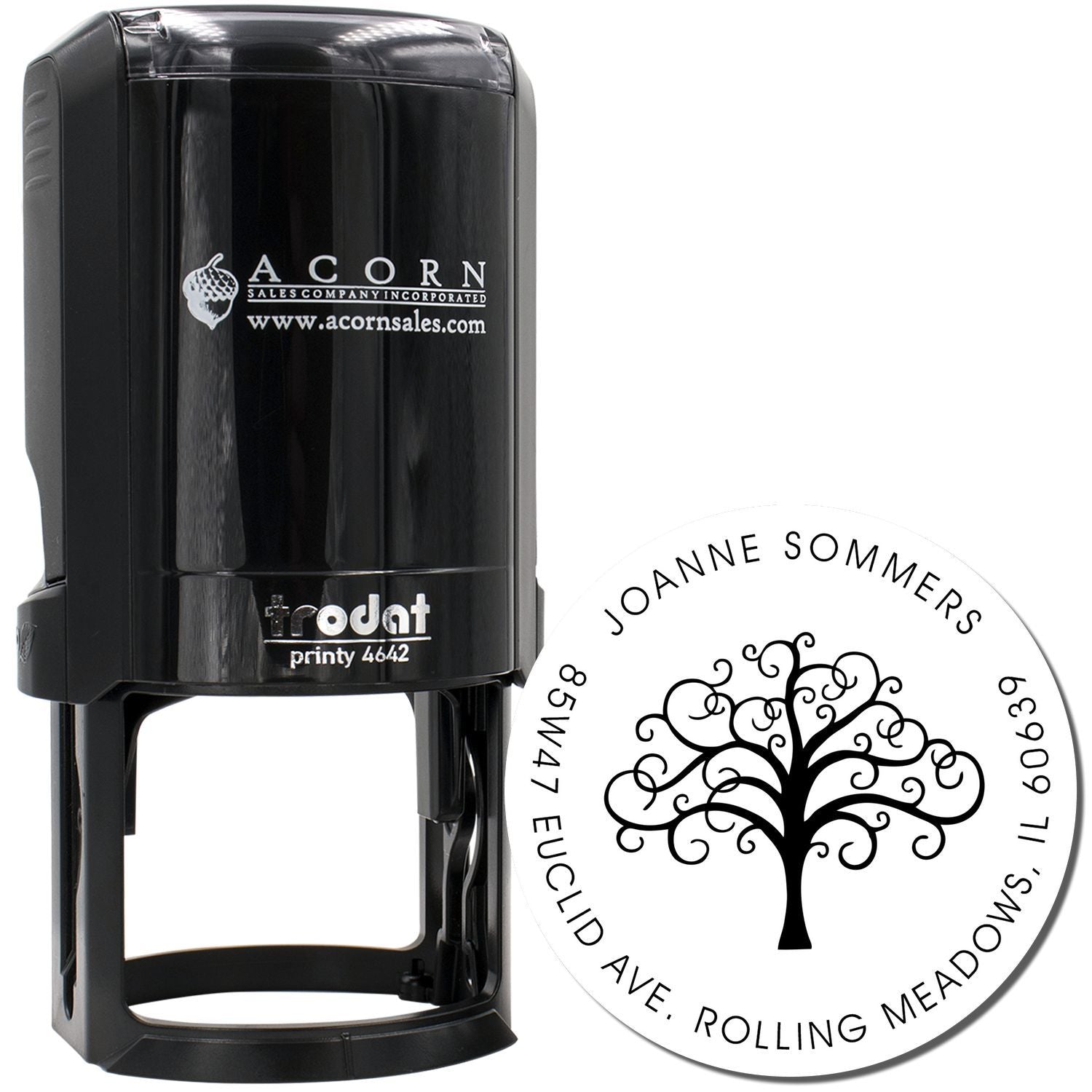 Custom self-inking rubber stamp with tree design for return address labels, wedding invitations, and mailings.