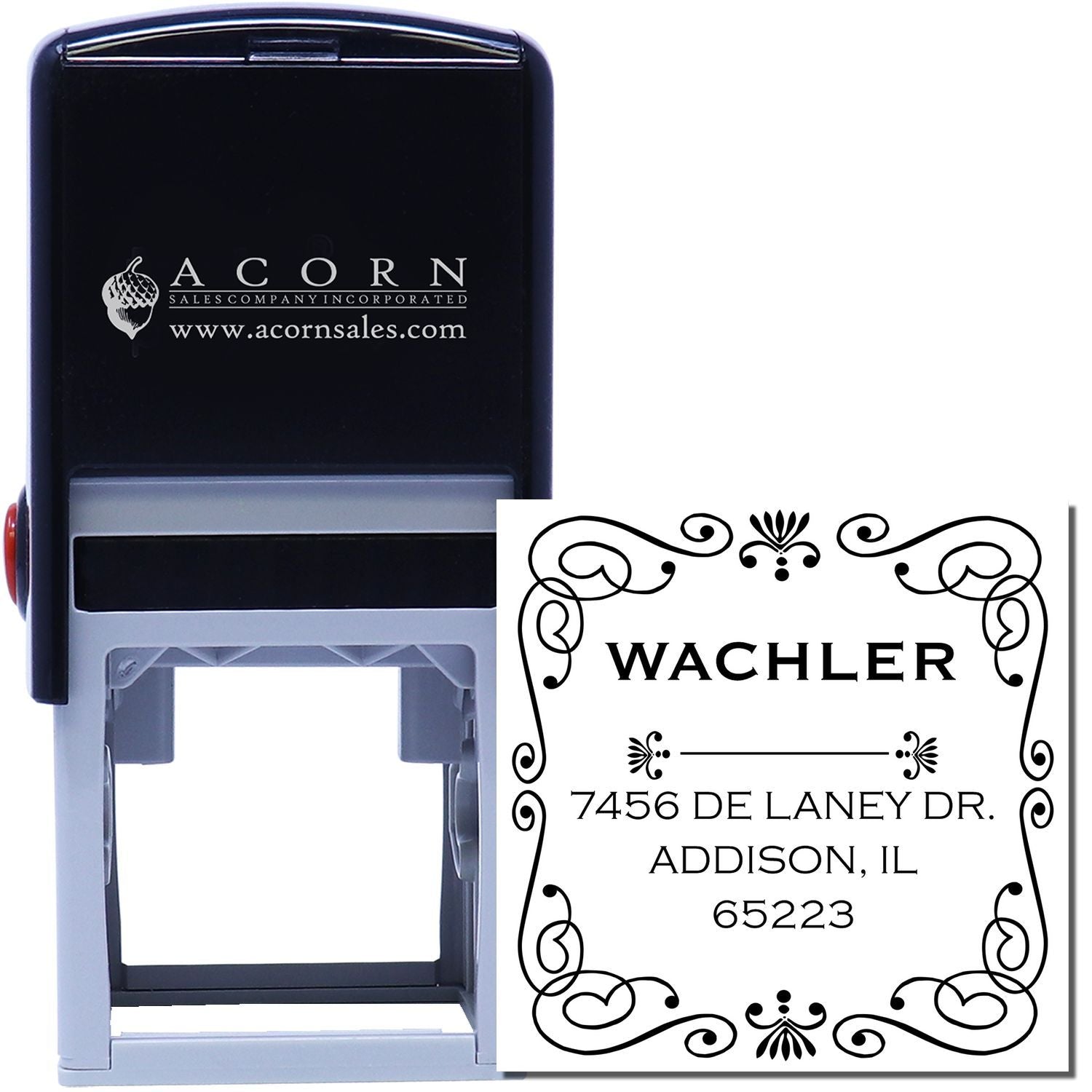 Custom self-inking rubber address stamp with ornate decorative border for personalized return mail and business branding.