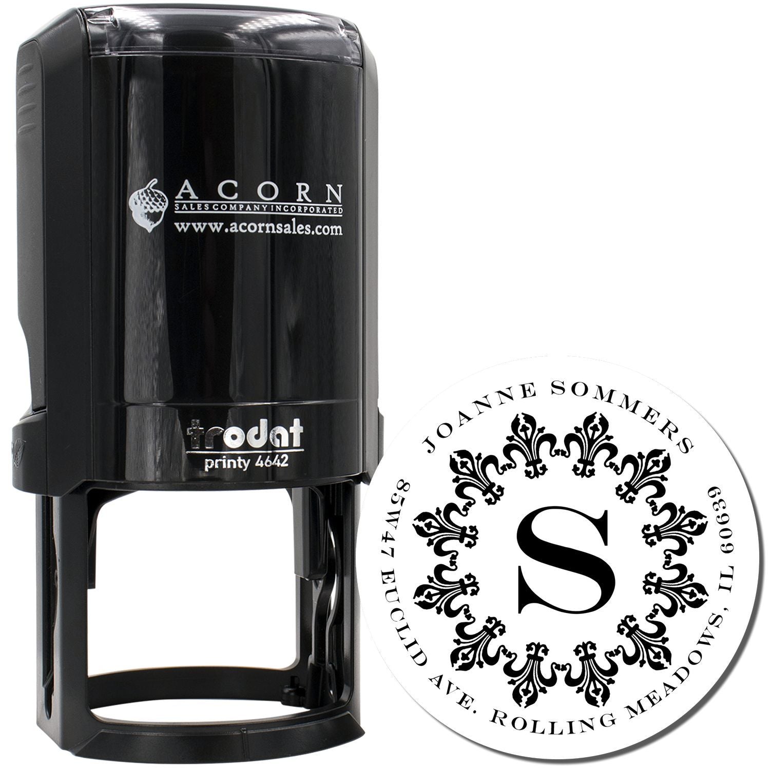 Custom self-inking rubber stamp with monogram initial S and name-and-address imprint for personalized business use.