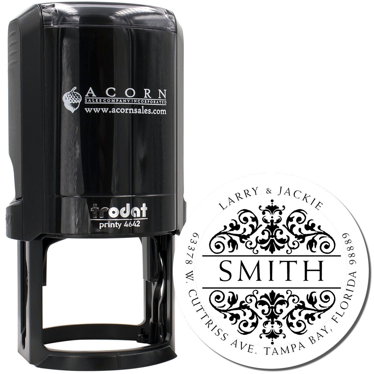 Custom self-inking rubber stamp with round ornate Smith family return address design and personalized monogram imprint.