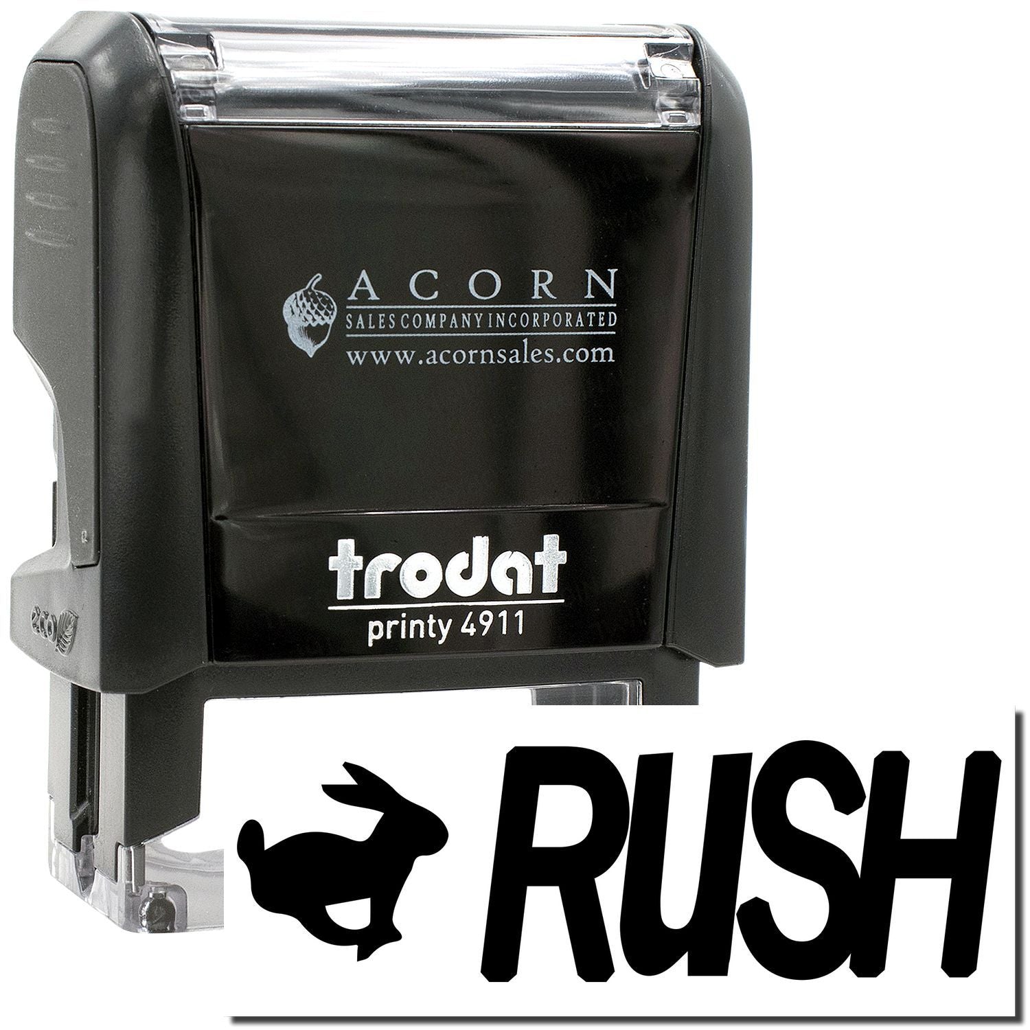 Trodat Printy 4911 custom rubber stamp with Acorn Sales Company logo and Rush graphic