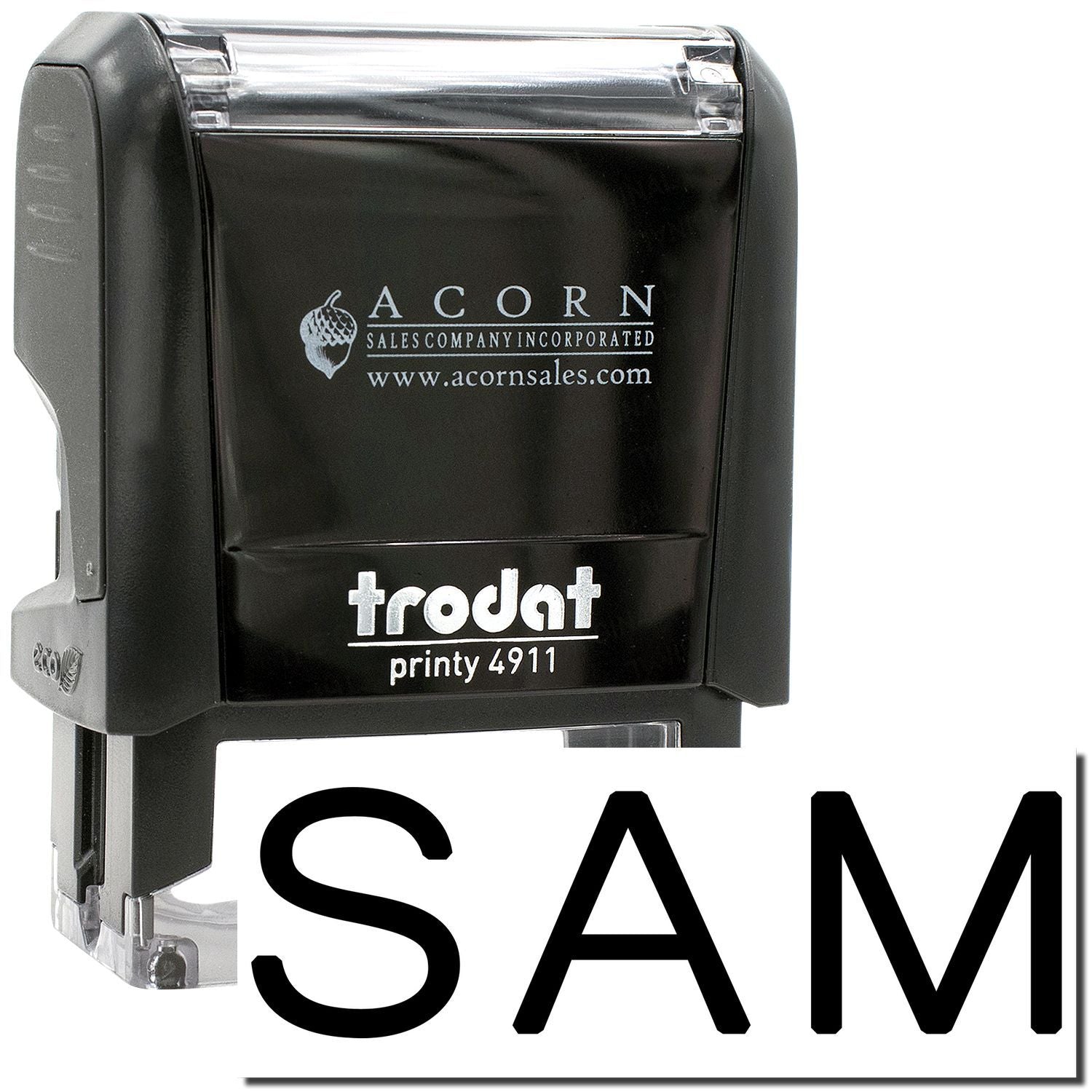 Black Trodat Printy 4911 self-inking custom rubber stamp with Acorn Sales Company logo and SAM text