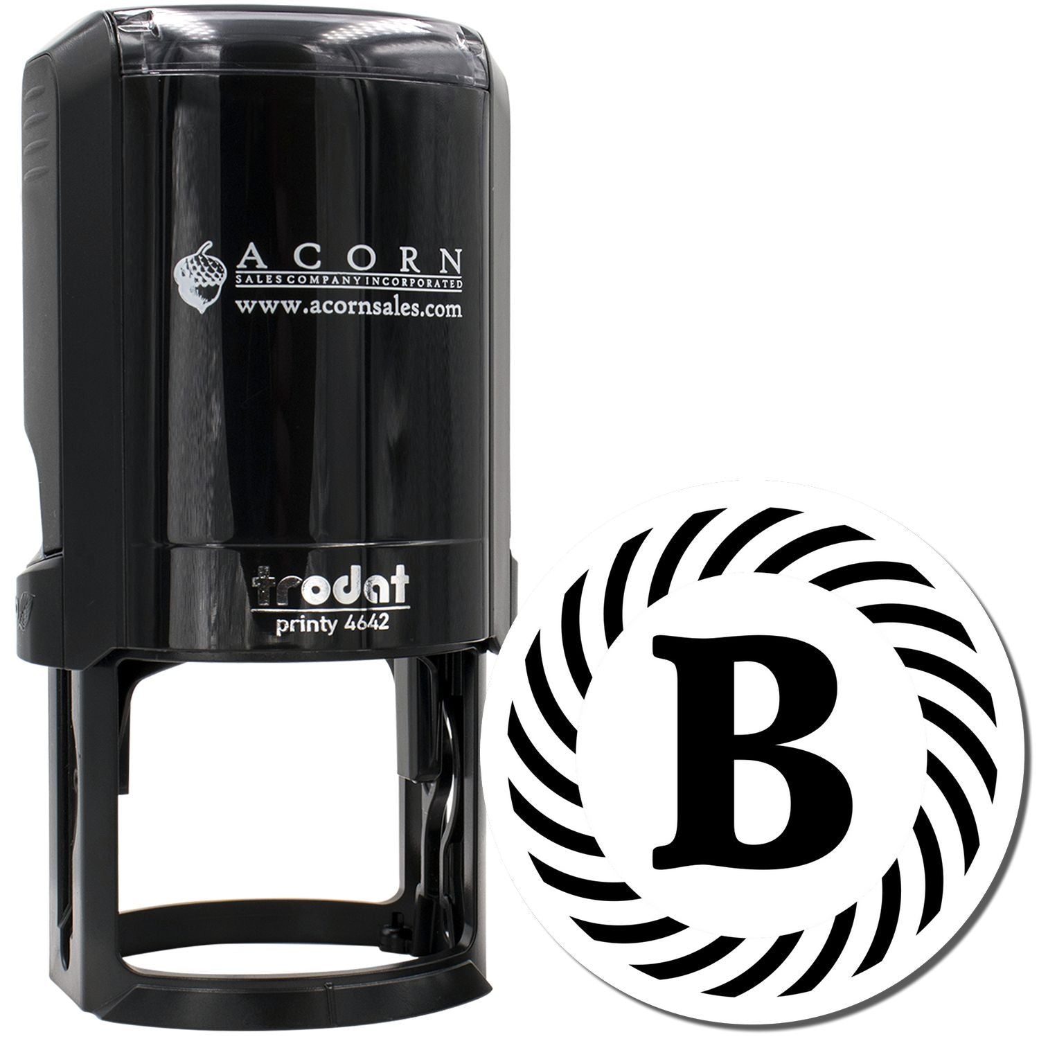 Custom self-inking rubber stamp with circular monogram logo, shown on a Trodat Printy 4642 stamp.