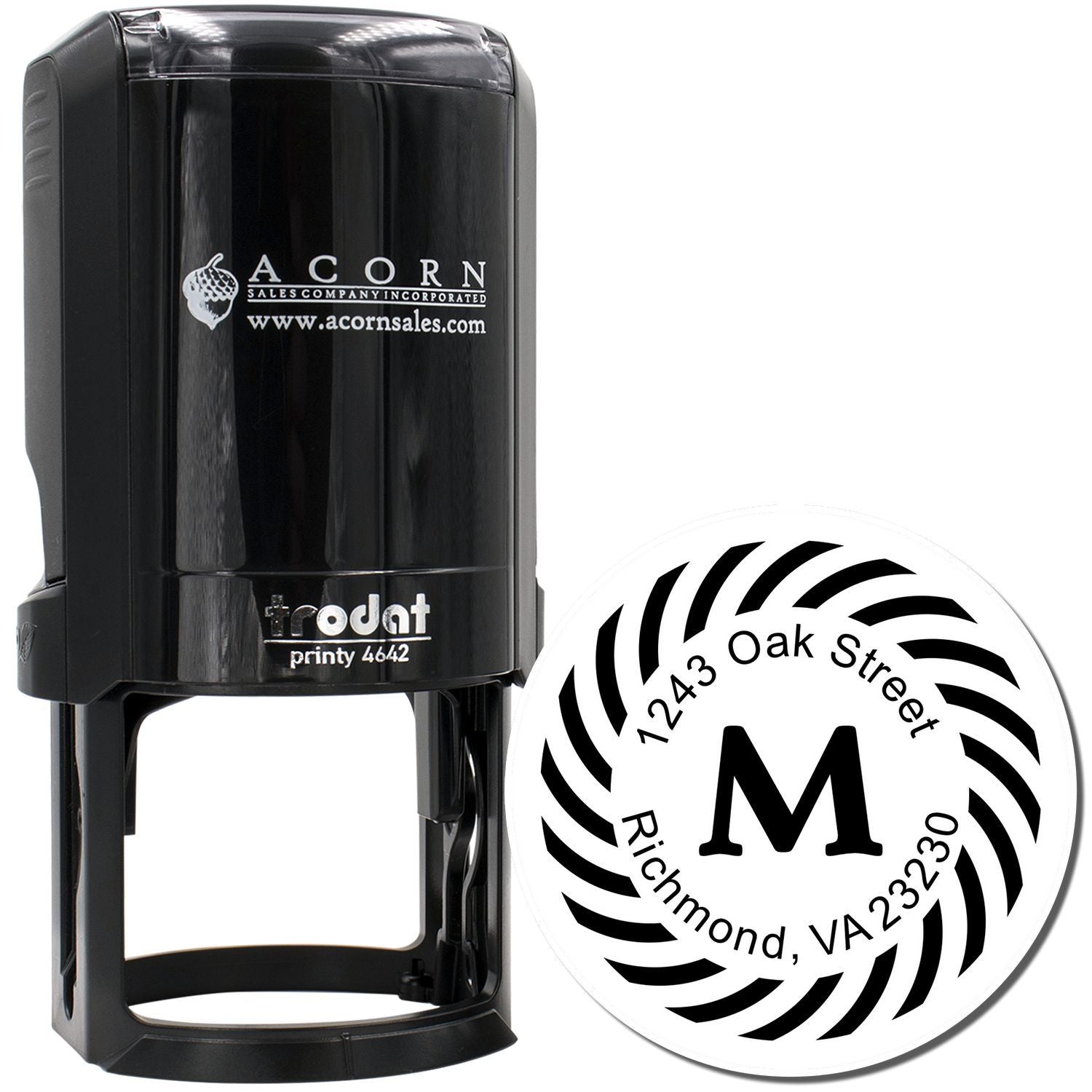 Custom self-inking rubber address stamp with monogram and circular return address design for business mailings.