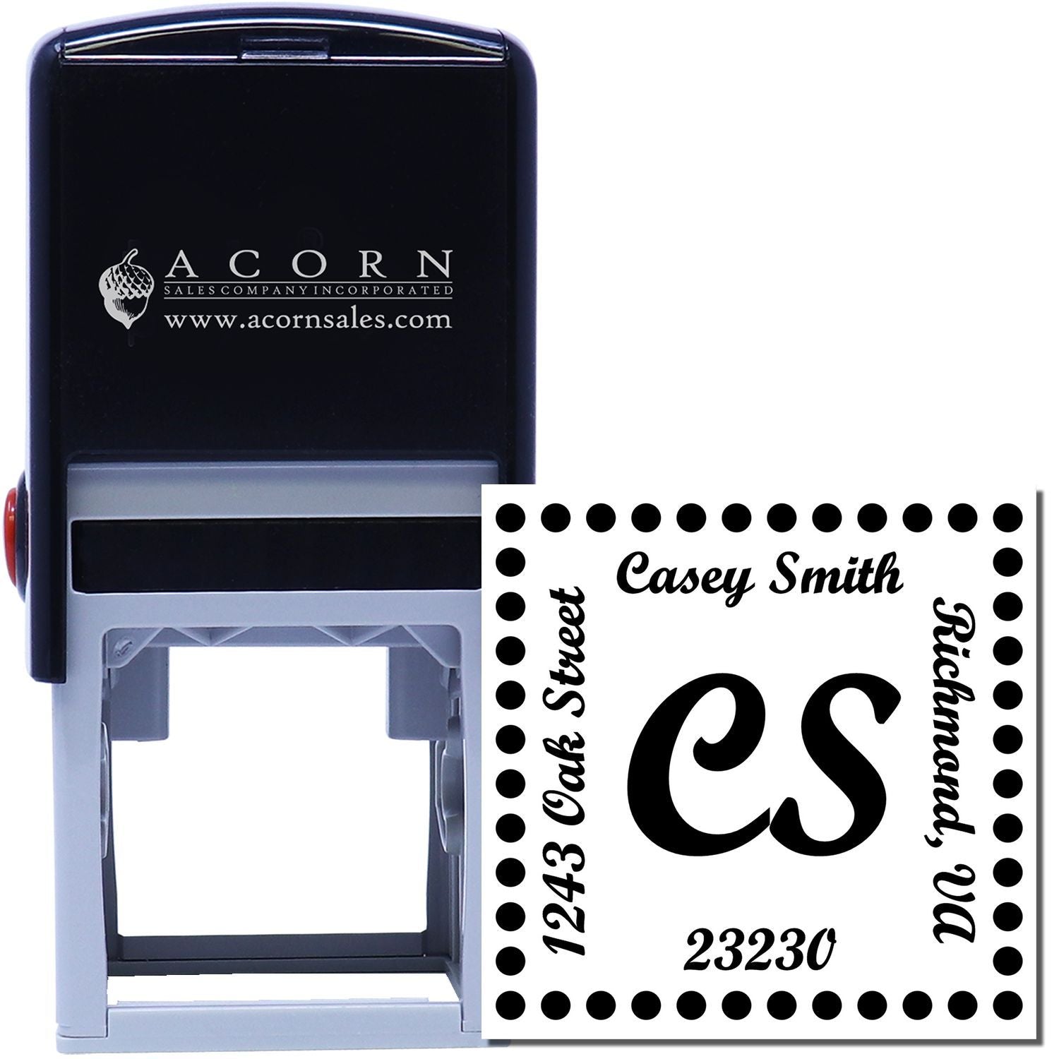 Custom self-inking rubber address stamp with monogram initials, name, and ZIP code for personalized mailing.
