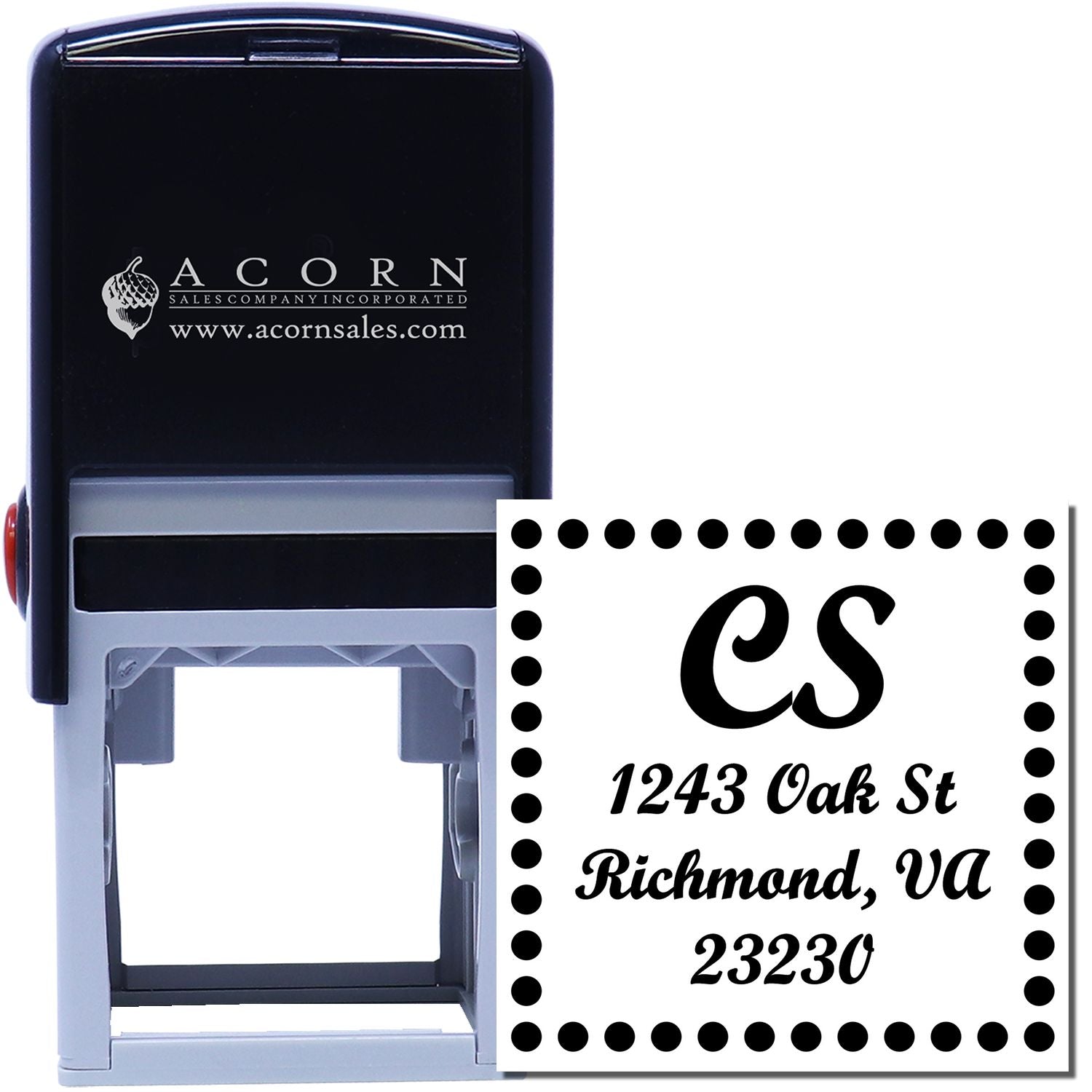 Custom self-inking rubber address stamp with initials CS, Richmond, VA 23230 for return mailing and business branding.