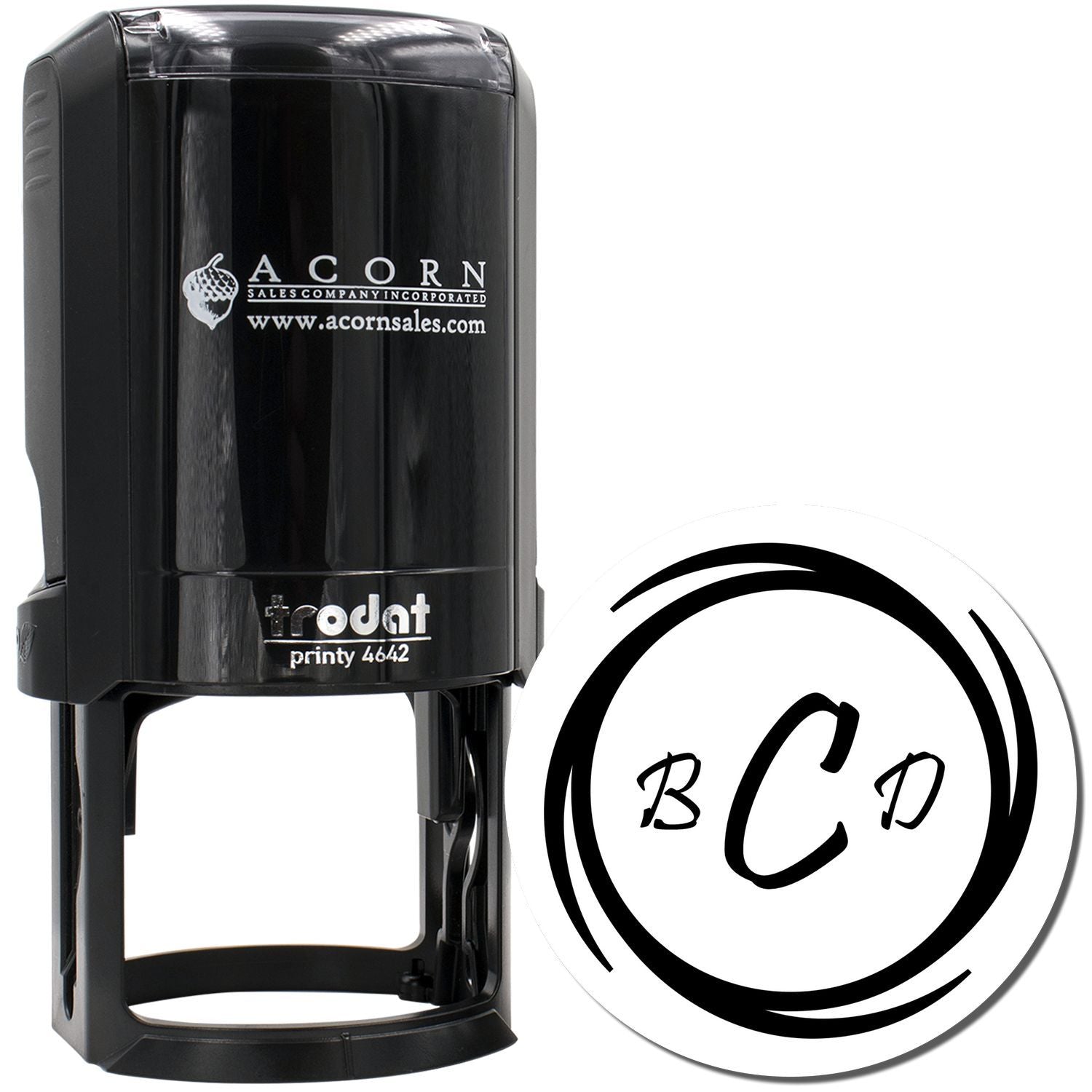 Trodat Printy 4642 custom self-inking rubber stamp with logo and monogram for business branding.