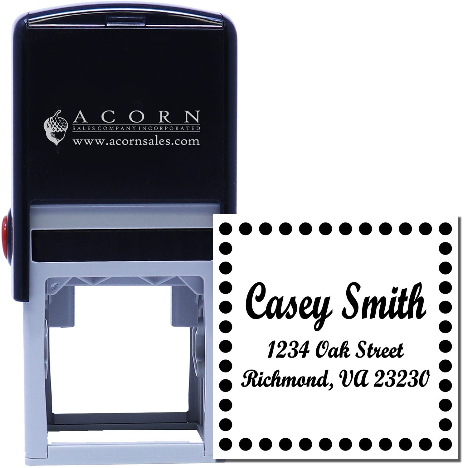 Custom self-inking rubber address stamp with Casey Smith name and Richmond, VA 23230 return address design for mailing.