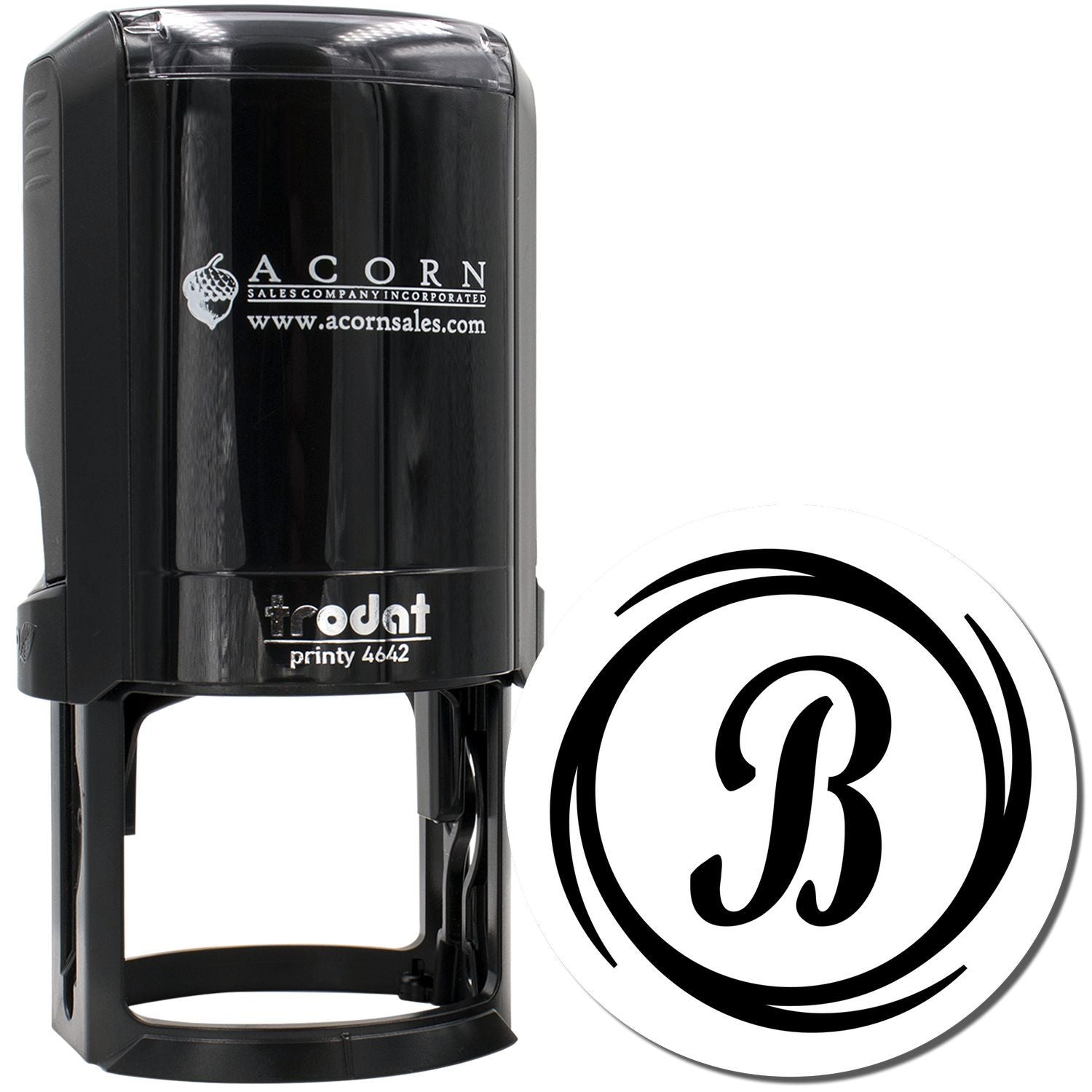 Custom self-inking rubber stamp with monogram logo, ideal for business branding, office marking, and professional use.