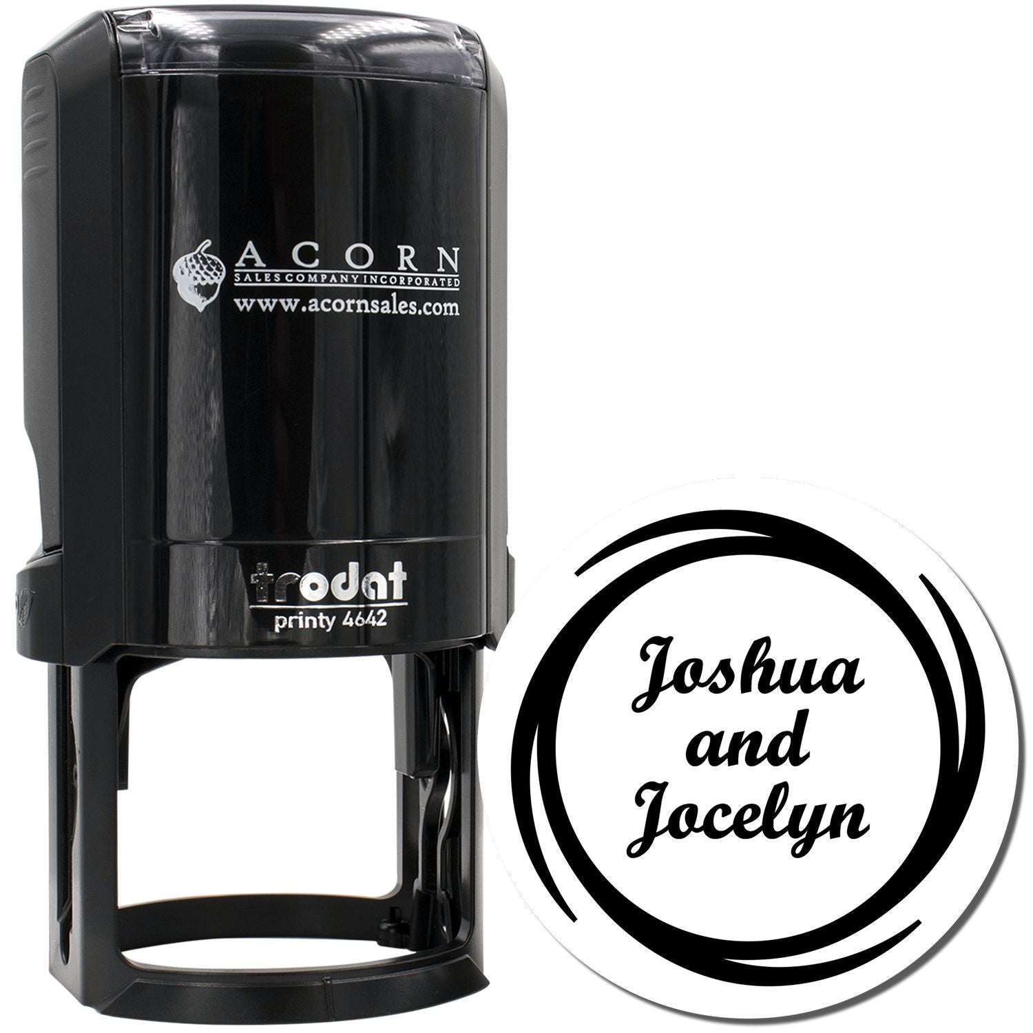 Custom self-inking rubber stamp with circular monogram for Joshua and Jocelyn, ideal for personalized wedding invitations.