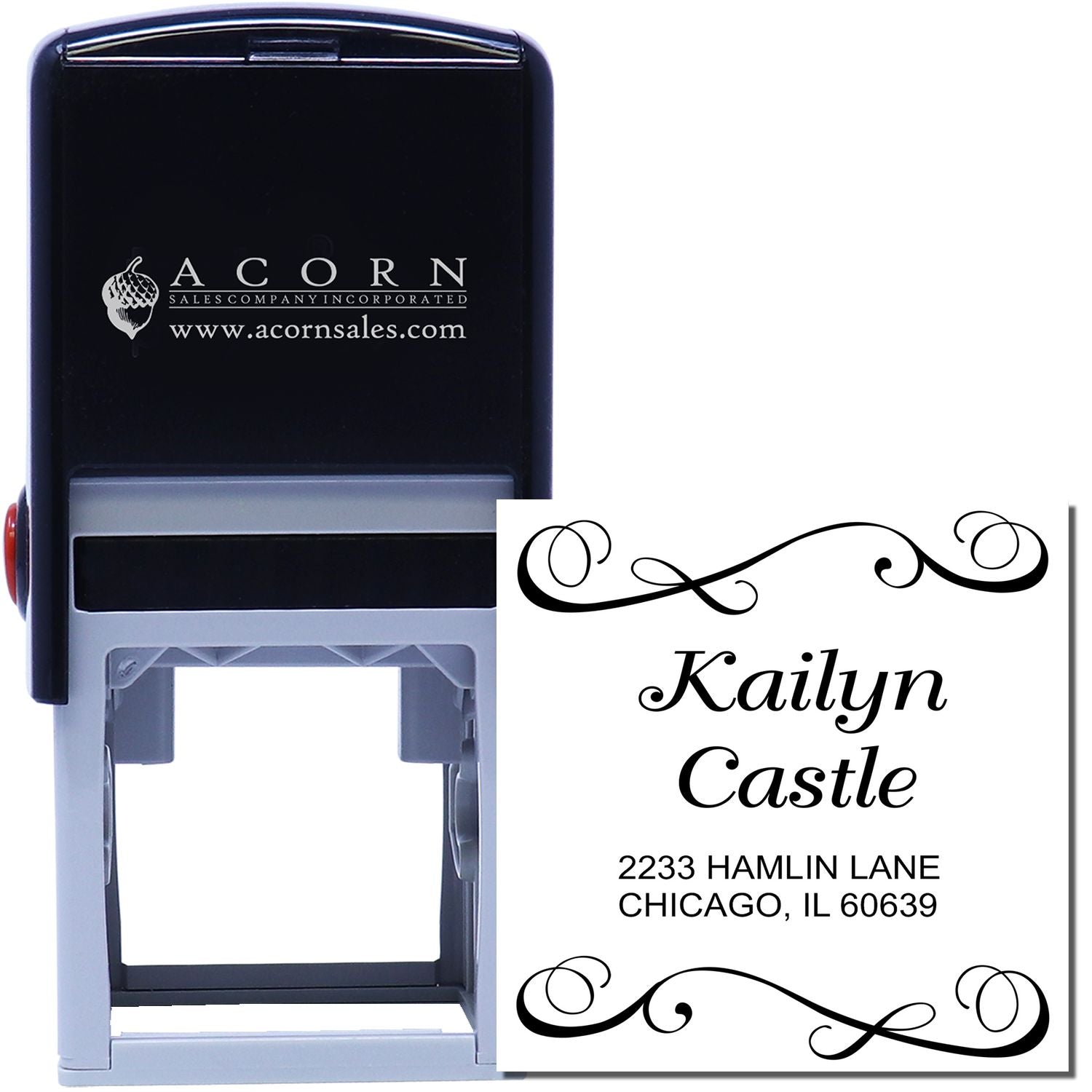 Custom self-inking rubber address stamp with decorative flourish and personalized name and address imprint