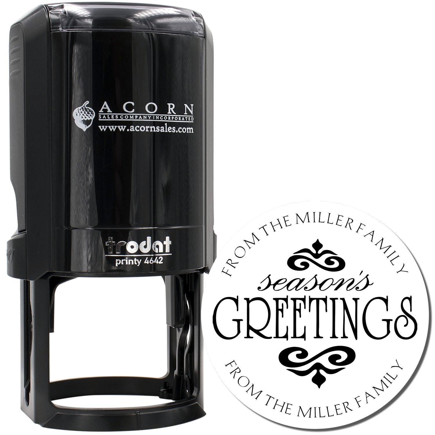 Personalized self-inking rubber stamp for holiday cards, featuring Seasons Greetings from the Miller family.