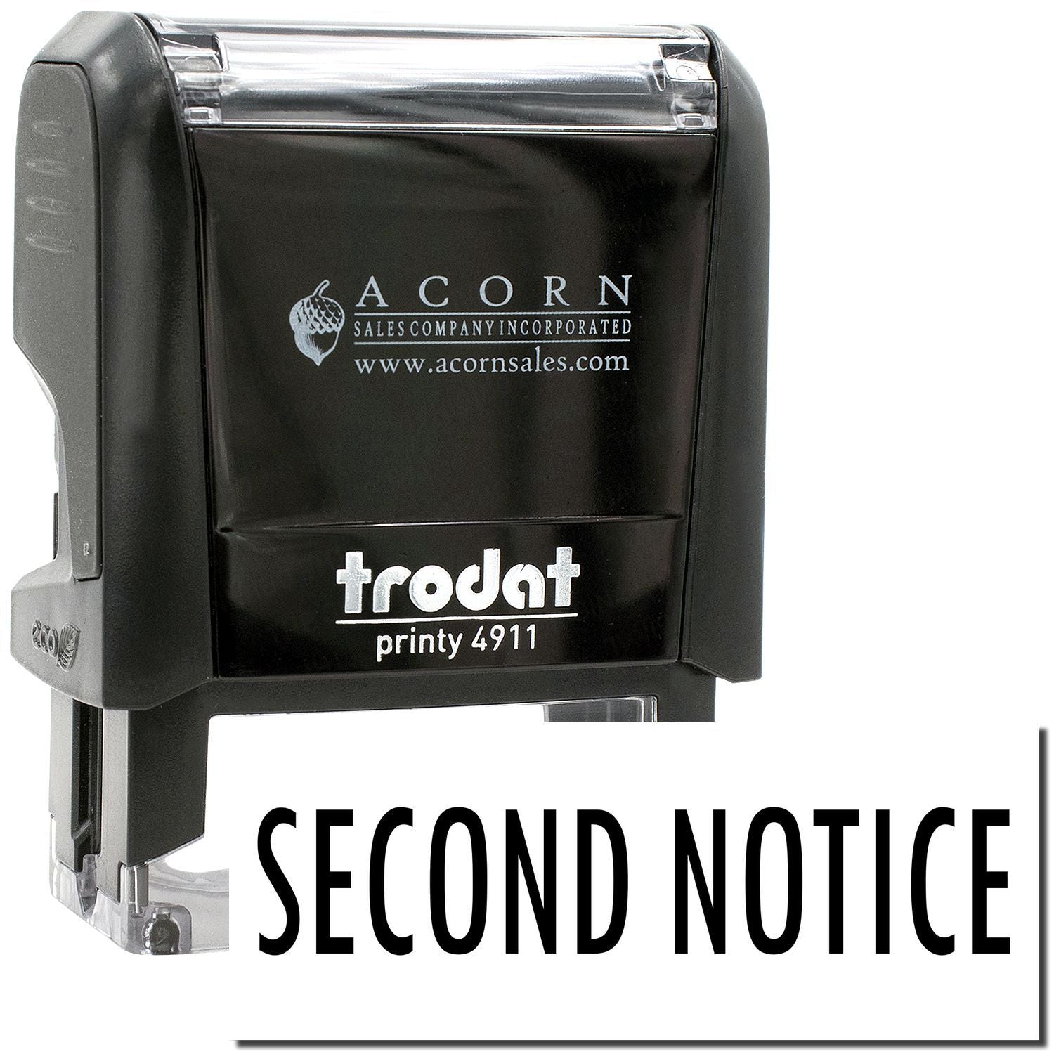 Acorn Trodat Printy 4911 self-inking stamp with Second Notice text, black office dater stamp for mail and document processing