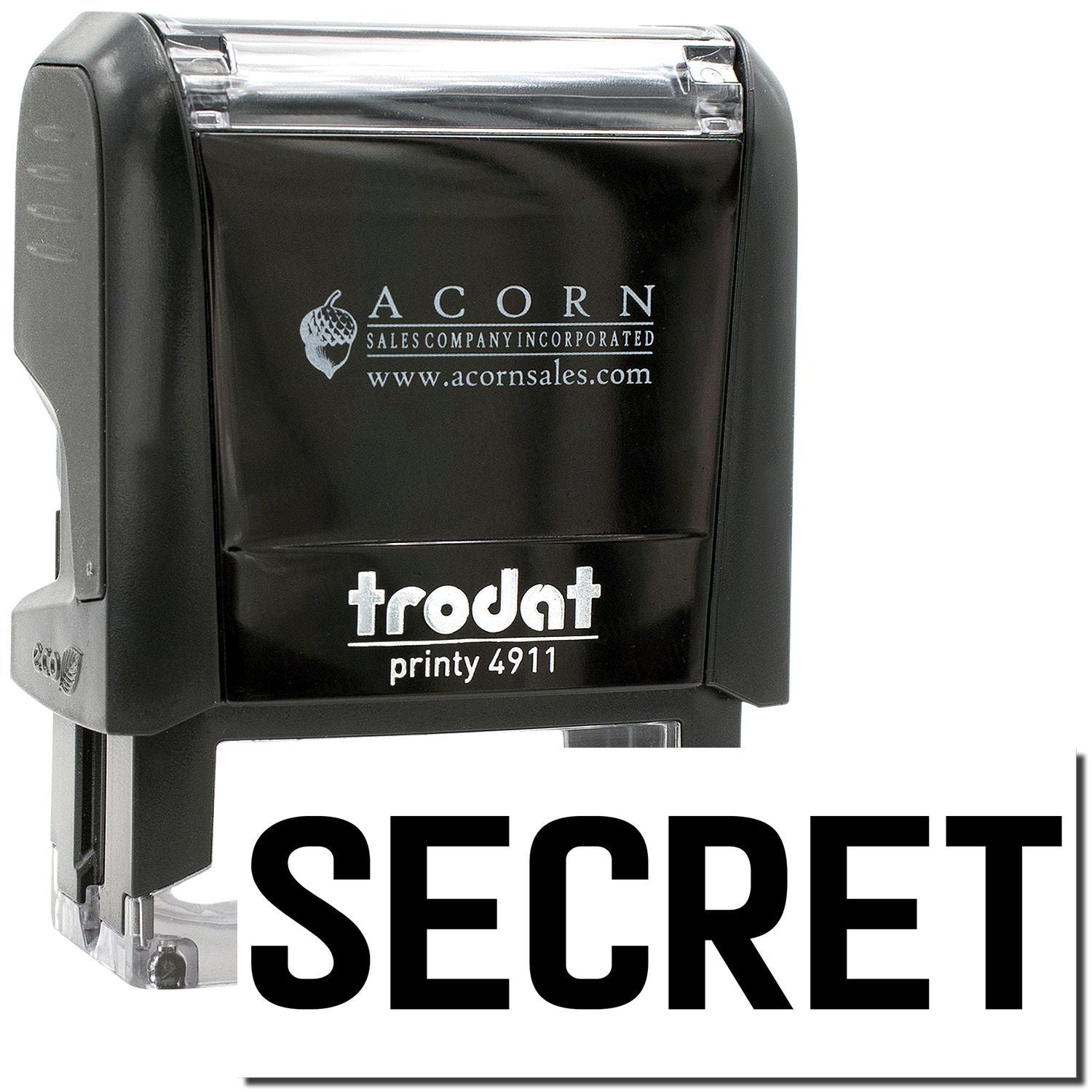 Black Trodat Printy 4911 self-inking SECRET security stamp with Acorn Sales branding