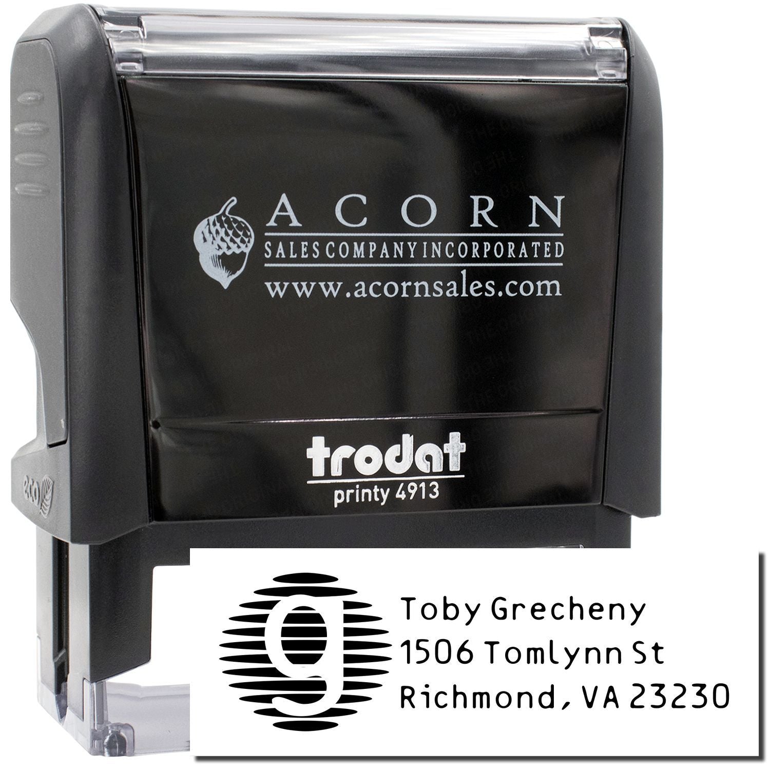 Custom self-inking rubber stamp with logo and return address, Trodat Printy 4913 personalized address stamp.