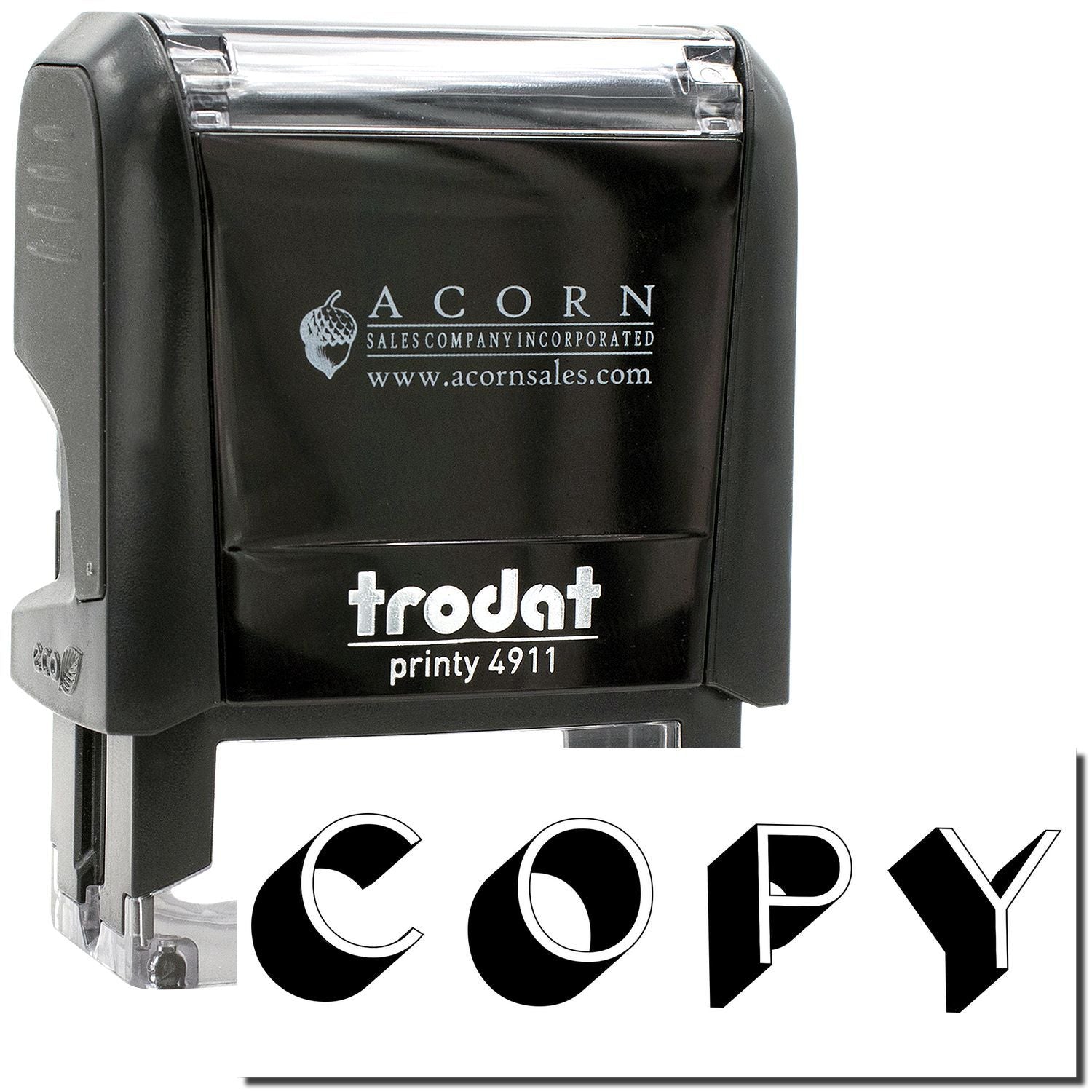 Trodat Printy 4911 self-inking copy stamp with black ink and clear branding case