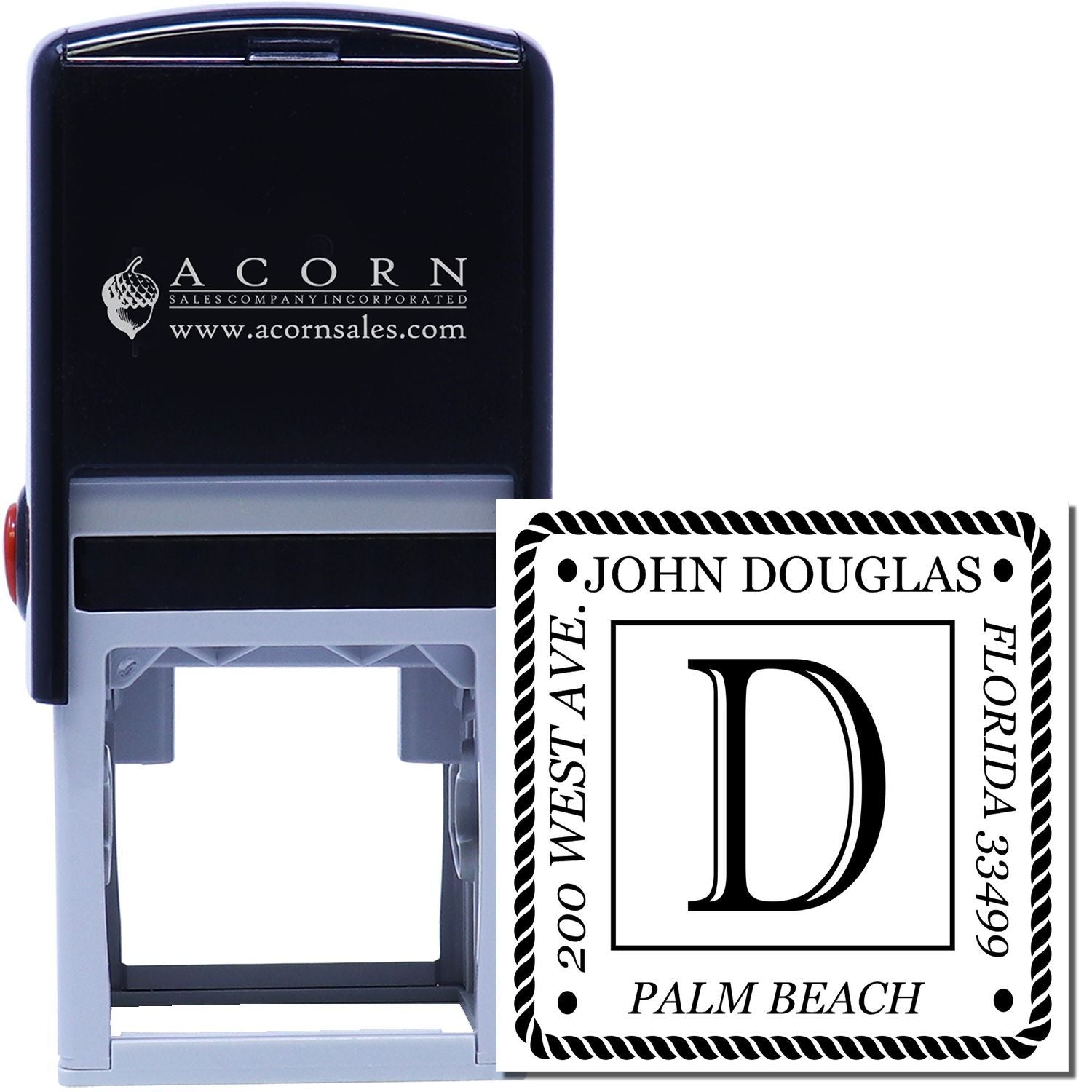 Custom self-inking return address rubber stamp with monogram for John Douglas, Palm Beach, Florida.