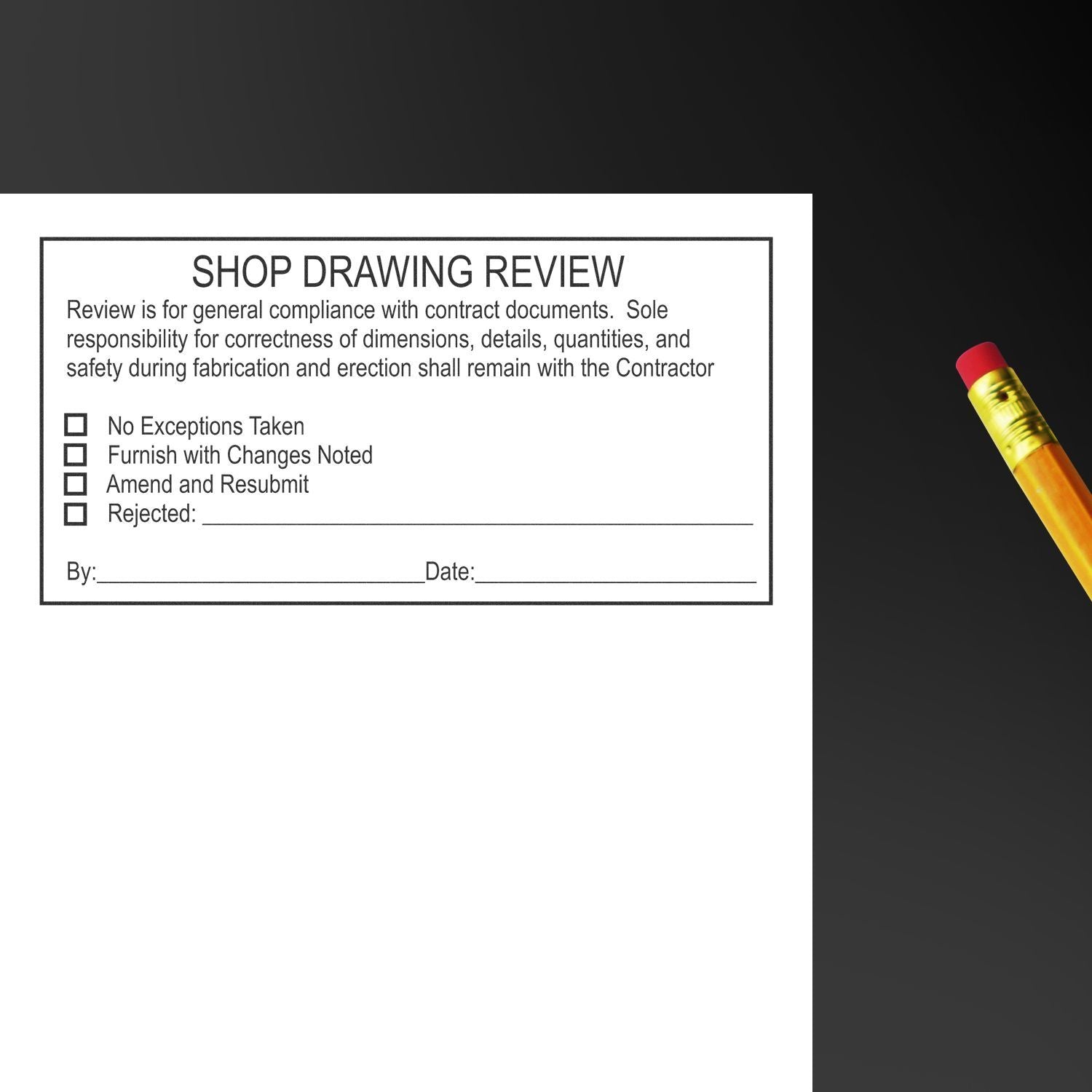 Shop drawing review form with pencil on a dark background, featuring contractor approval and revision checklist.