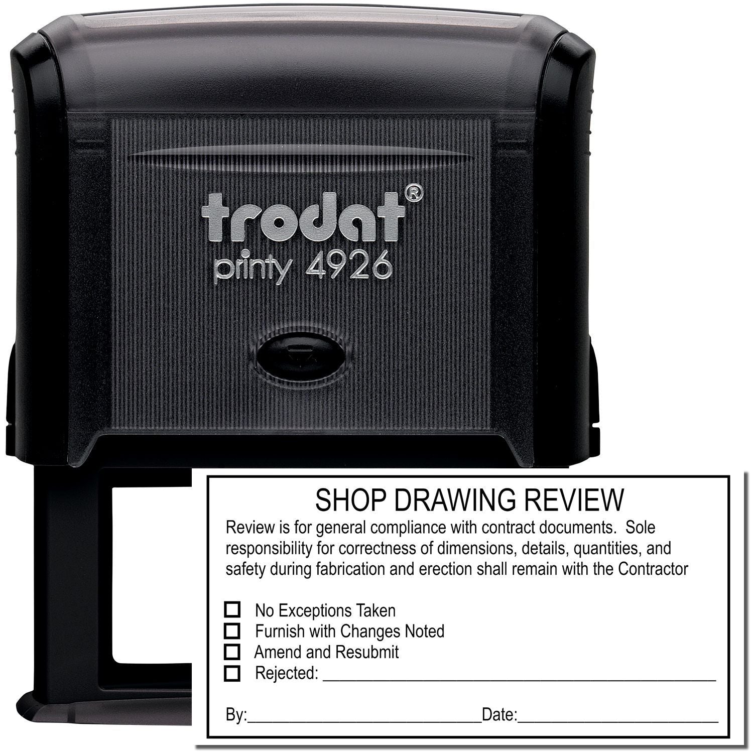 Trodat Printy 4926 self-inking shop drawing review stamp in black with approval imprint.