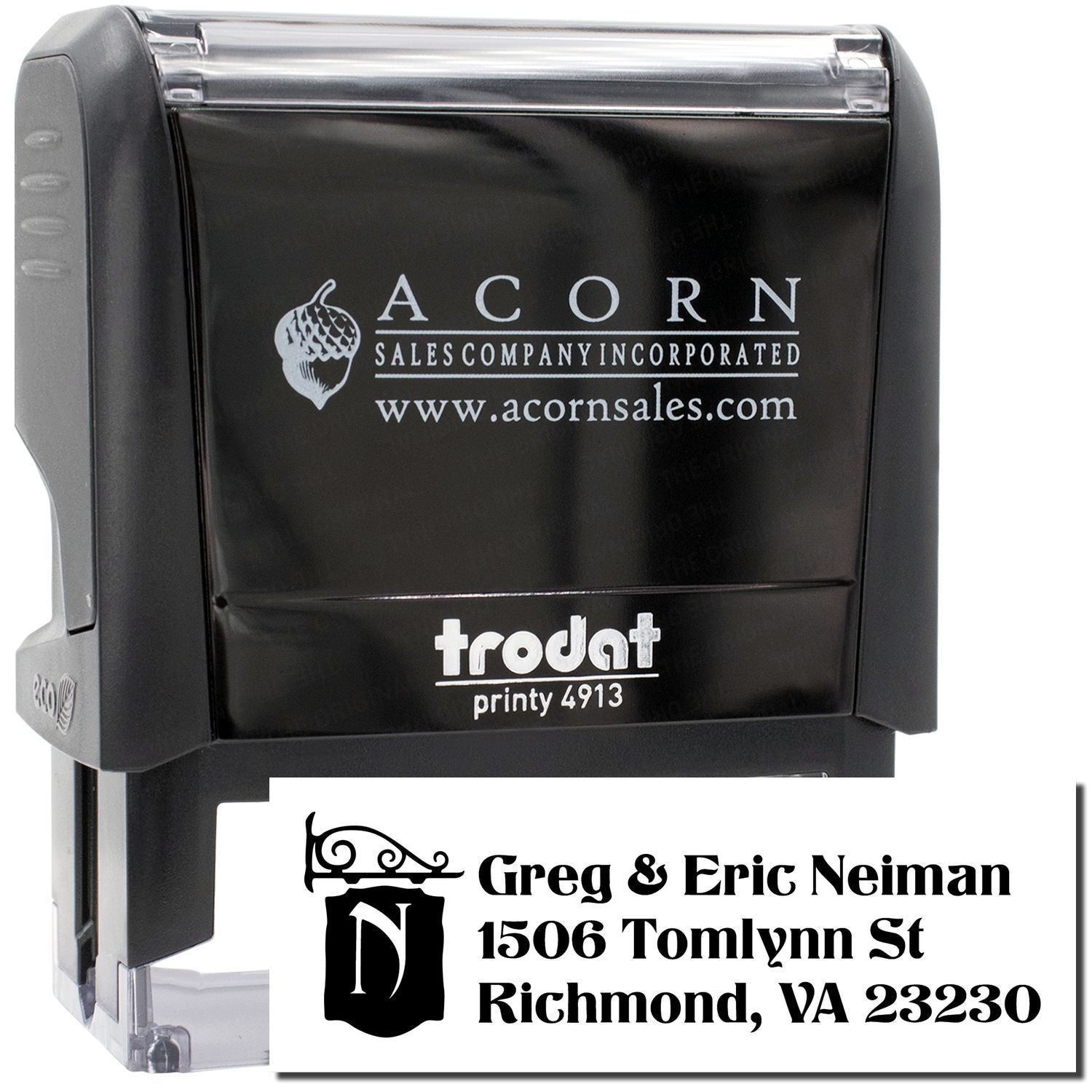 Custom self-inking business address rubber stamp with logo, ideal for mail, branding, and office use.