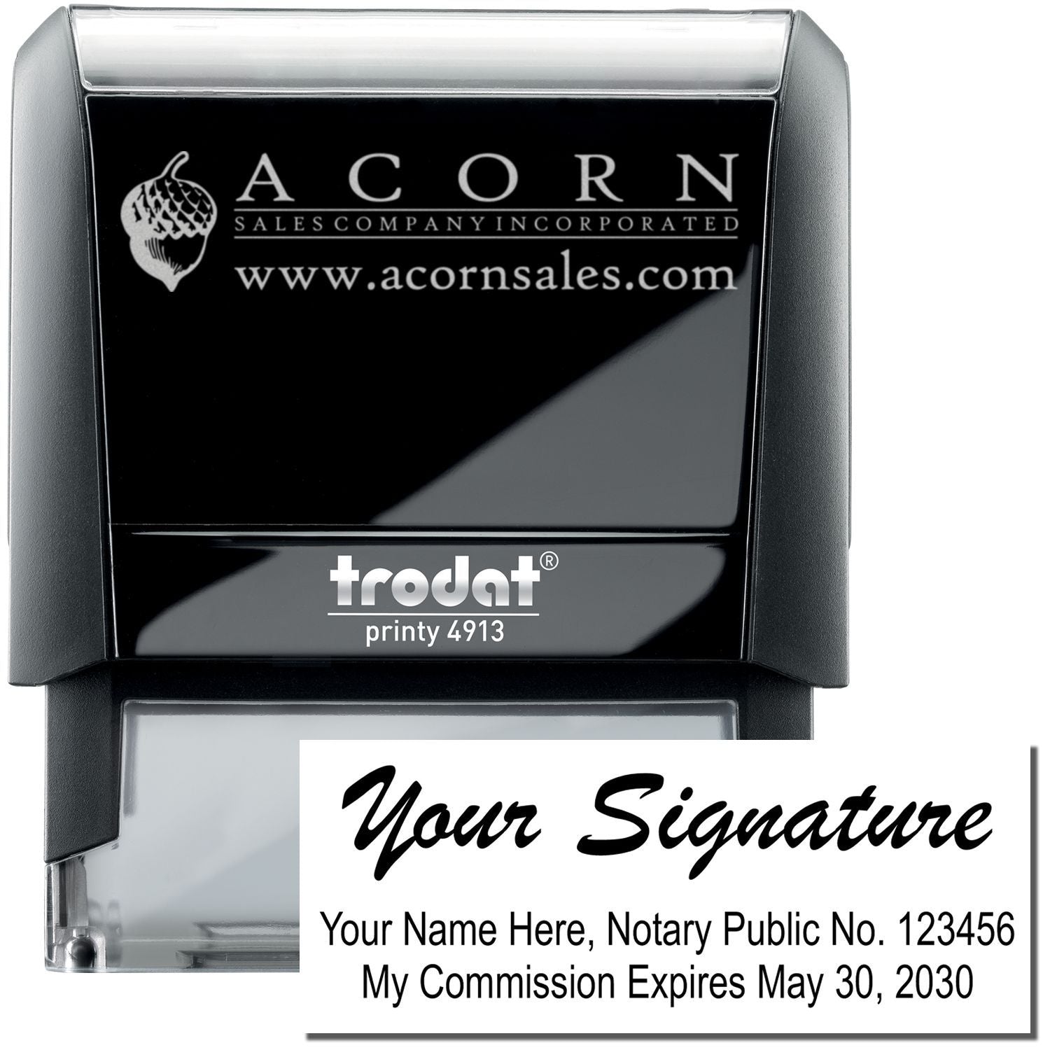 Custom Trodat Printy 4913 self-inking notary stamp with signature, name, commission date, and Acorn Sales Company logo.