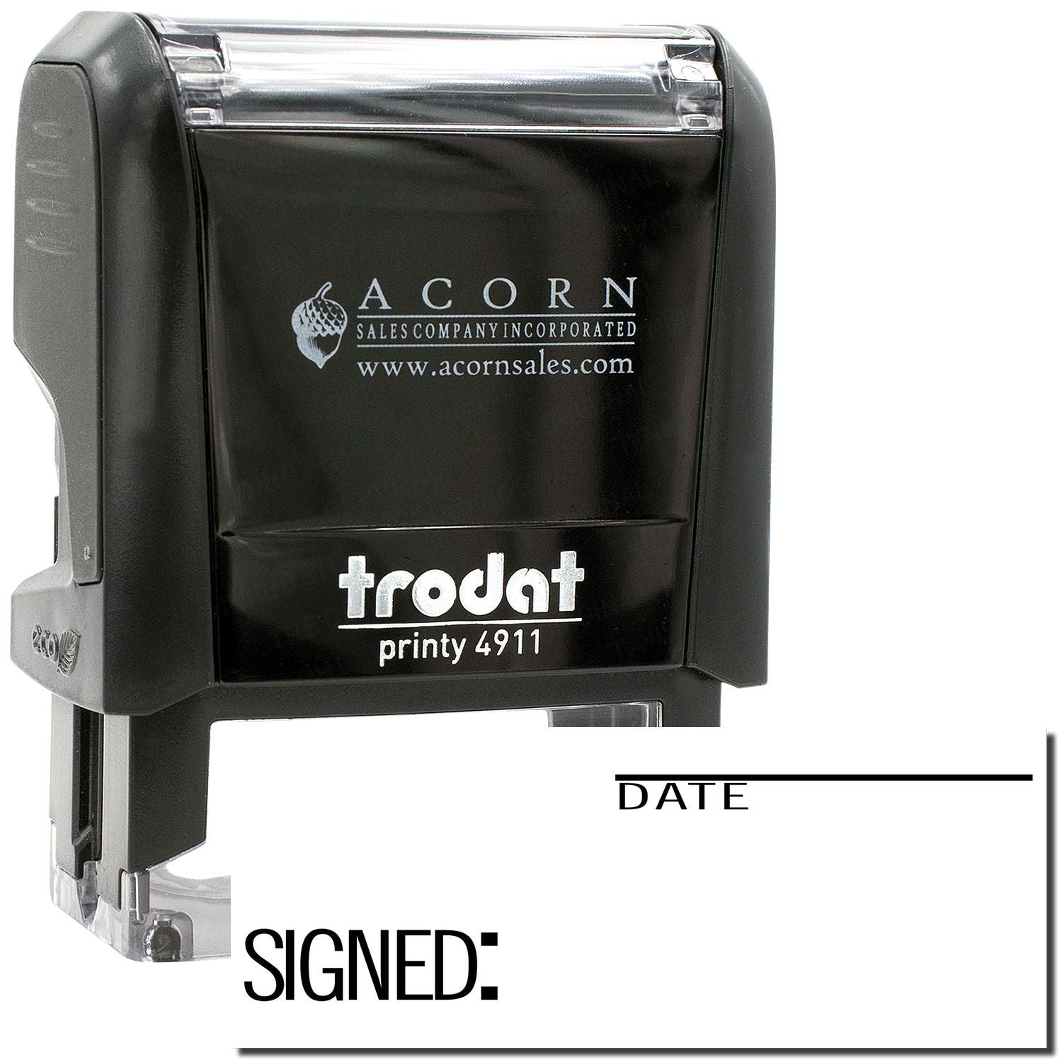 Trodat Printy 4911 self-inking date stamp with signed and date fields, black office rubber stamp.