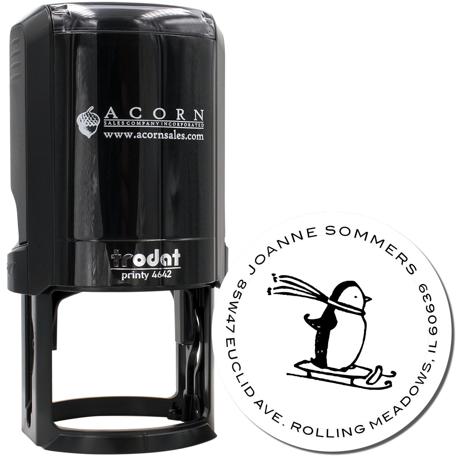 Trodat Printy 4642 self-inking rubber stamp with custom round logo imprint for business branding and address stamping
