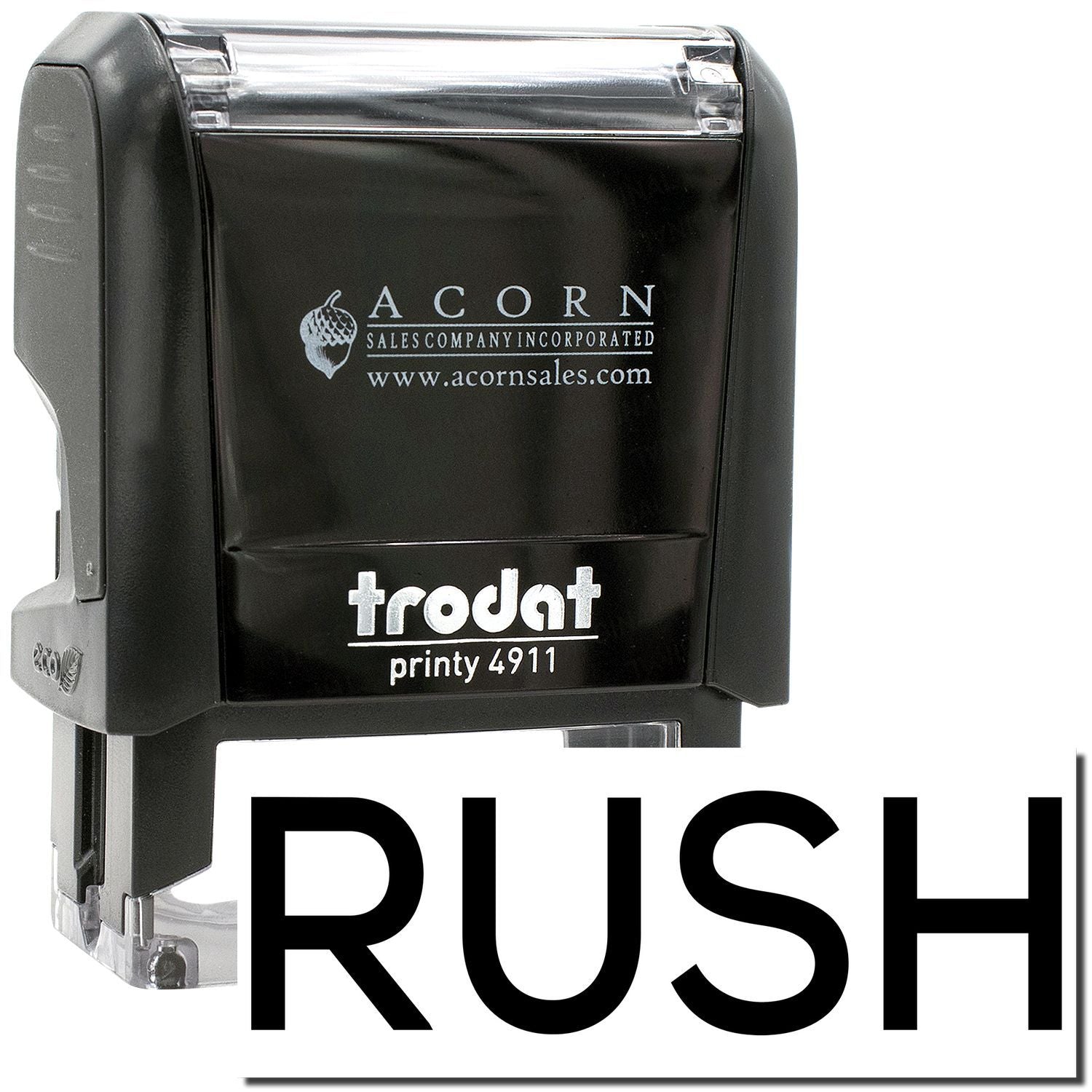 Black Trodat Printy 4911 self-inking rubber stamp with RUSH imprint, Acorn Sales branded office supply.
