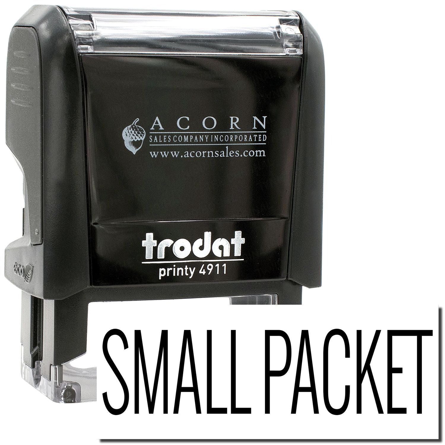 Trodat Printy 4911 small pocket self-inking stamp with black case and Acorn Sales logo.