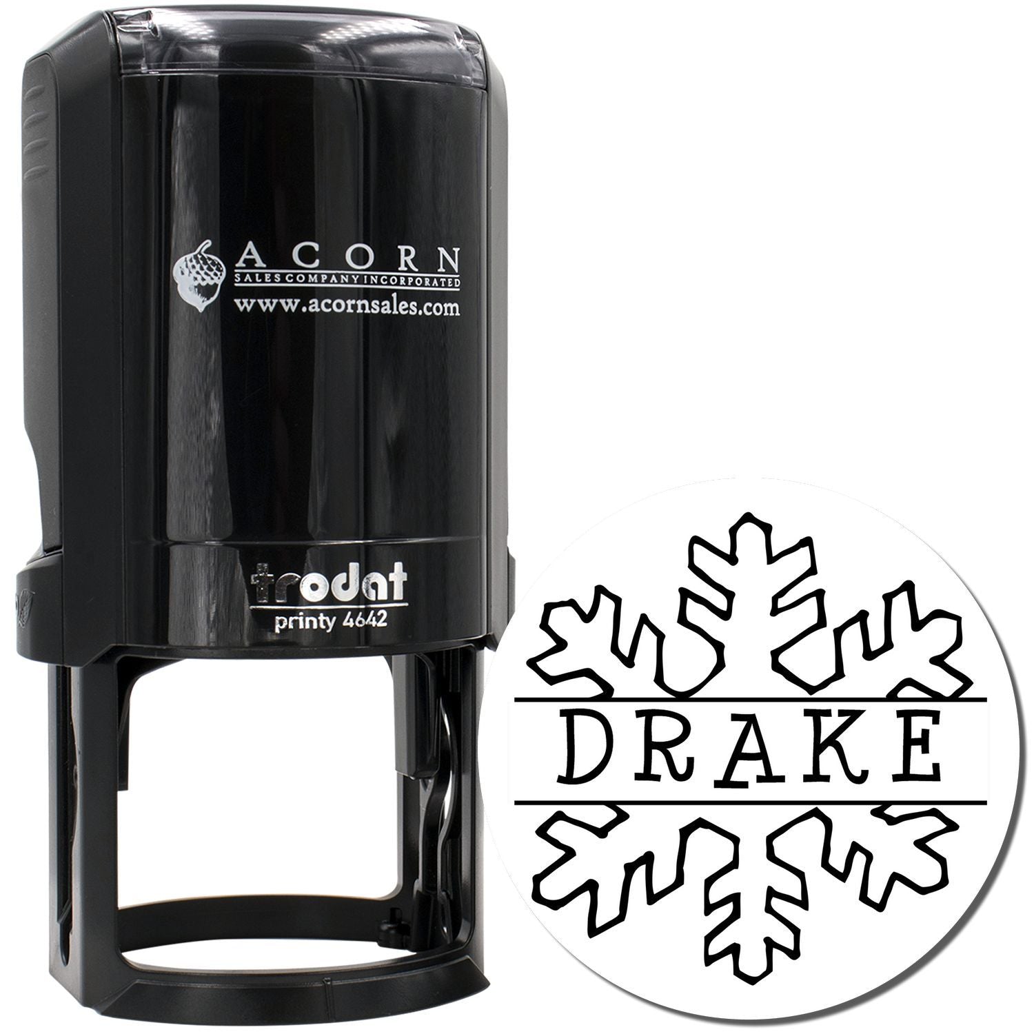 Custom self-inking rubber stamp mockup featuring the name Drake and snowflake design, shown on a Trodat Printy 4642 stamp.