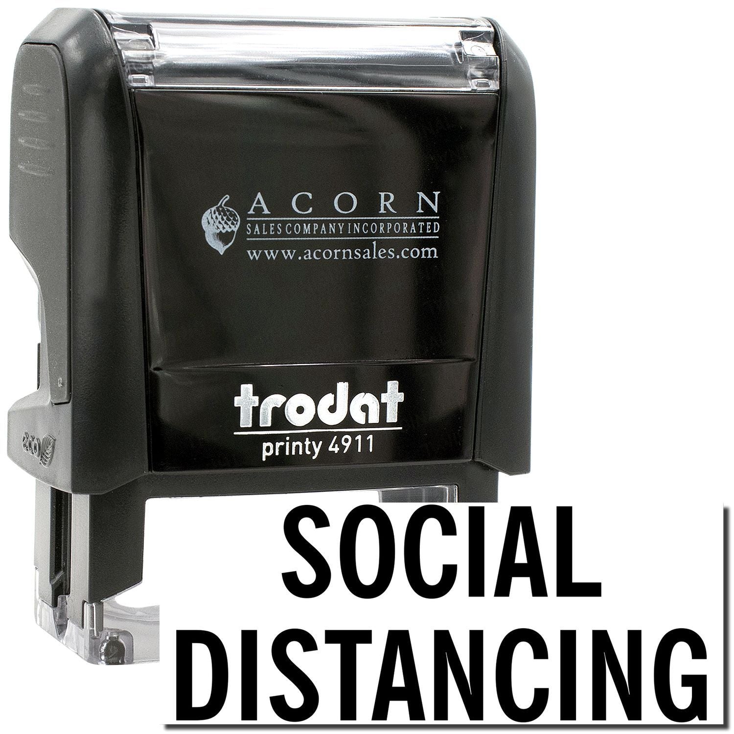Trodat Printy 4911 social distancing stamp with Acorn Sales Company branding, black self-inking rubber stamp for safety messaging.
