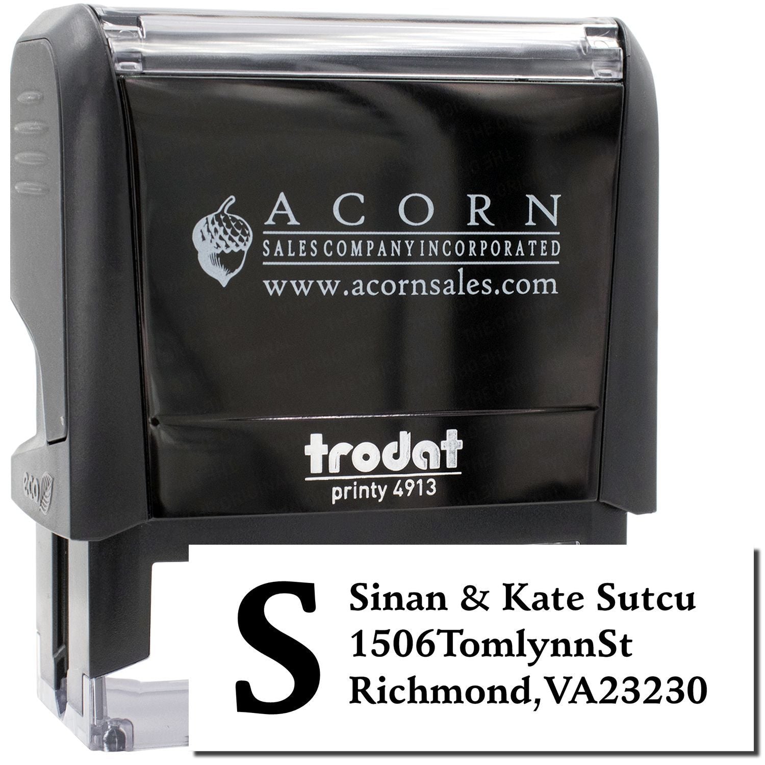 Trodat Printy 4913 custom self-inking rubber stamp with logo and return address for business mailings