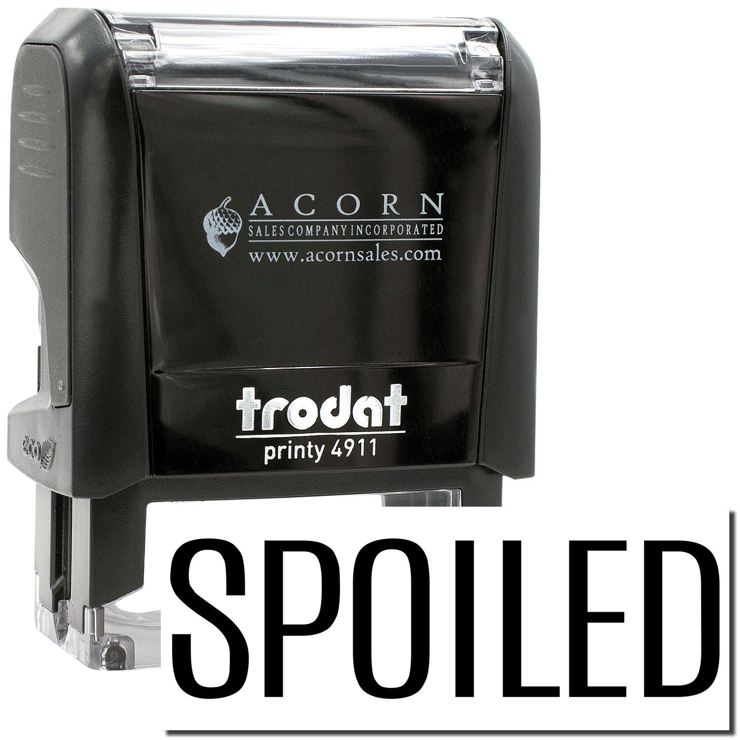 Black Trodat Printy 4911 self-inking stamp with Acorn Sales logo and SPOILED text in bold.