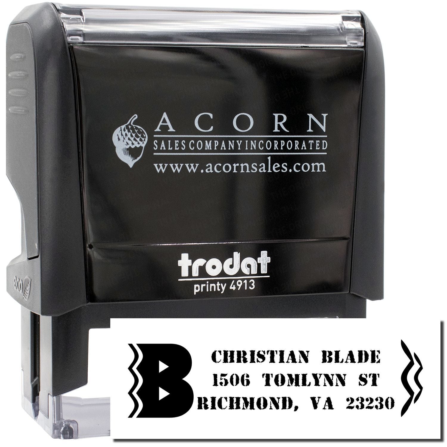 Custom self-inking rubber stamp with business address imprint, Trodat Printy 4913, ideal for mailing and branding.