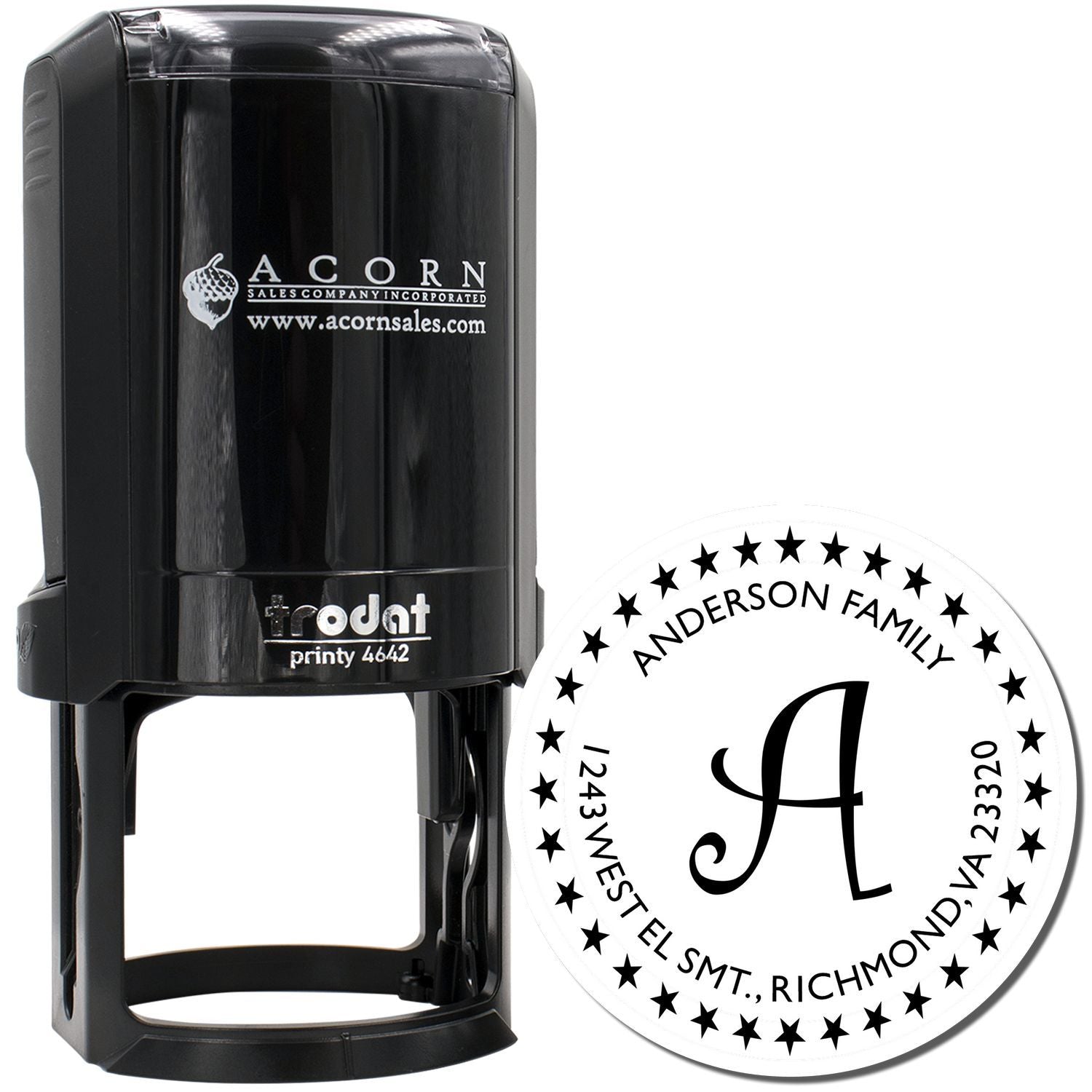 Custom self-inking rubber address stamp with family monogram and return address design for personalized mail and stationery