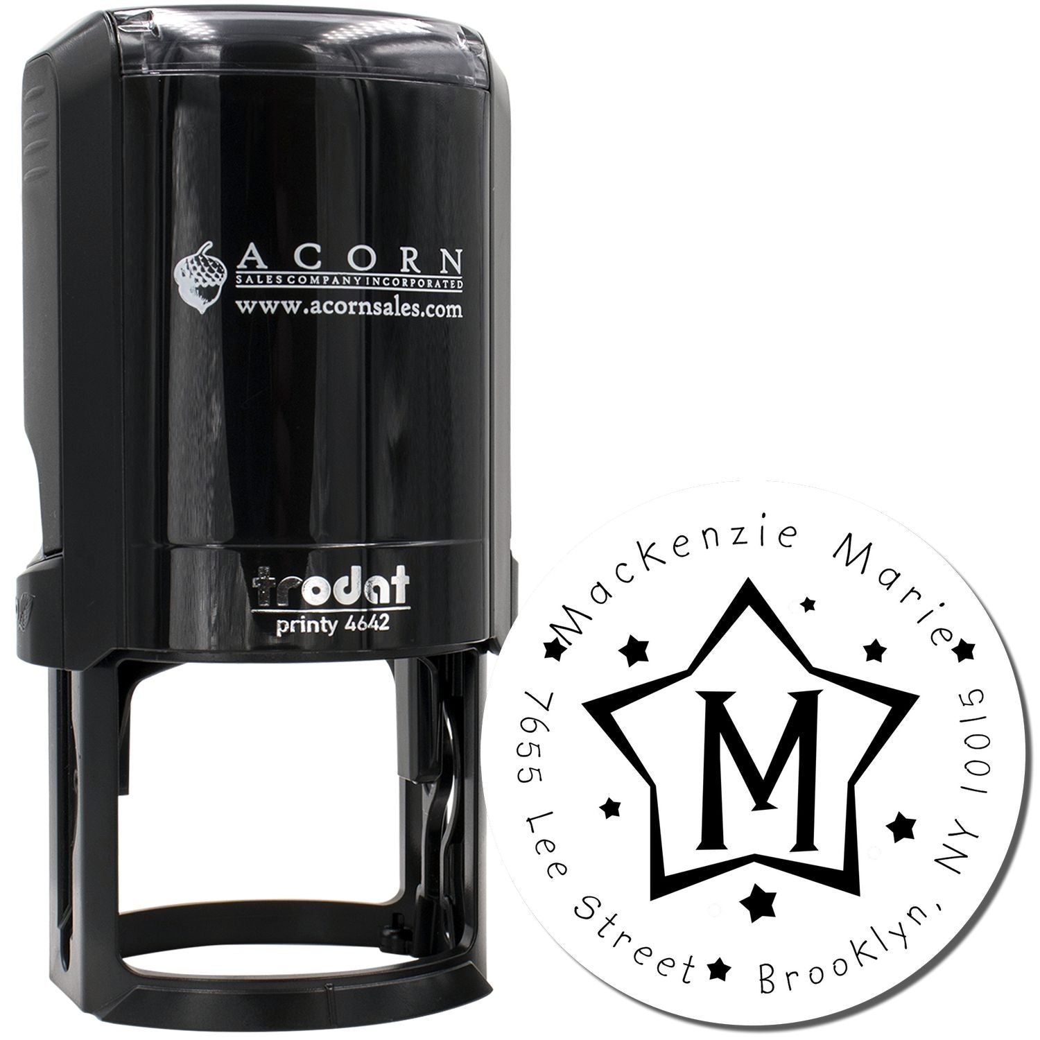Custom self-inking rubber stamp with round monogram design, stars, and personalized name for stationery or business use