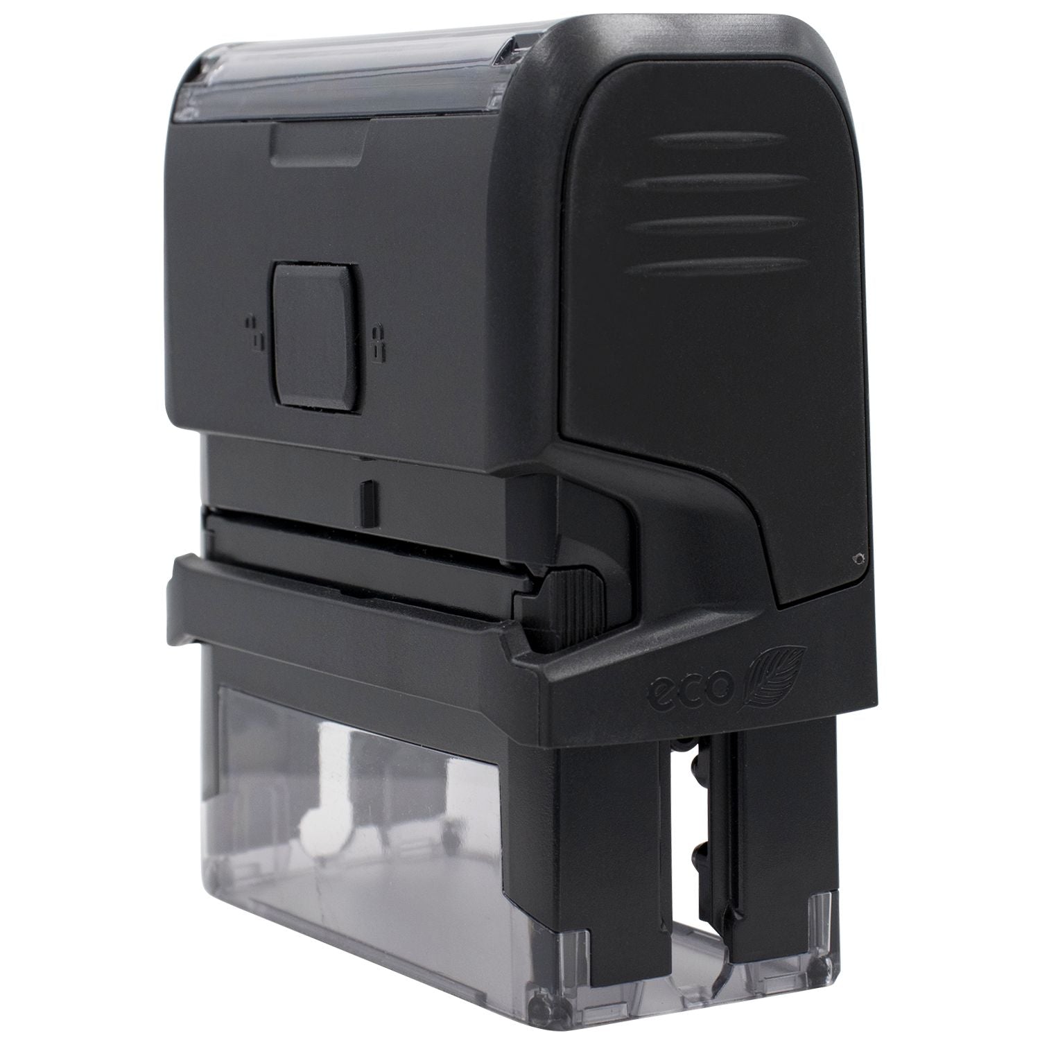 Black electrical switch module by Eco with mounting bracket and wiring terminals, shown on a transparent base.