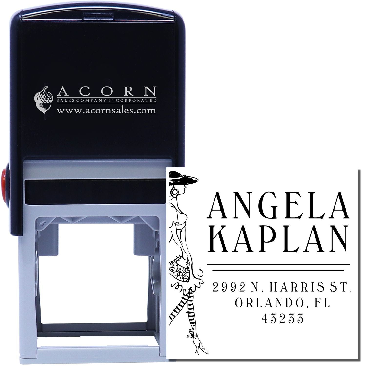 Custom self-inking rubber address stamp with name, decorative lady design, and Orlando, FL return address.