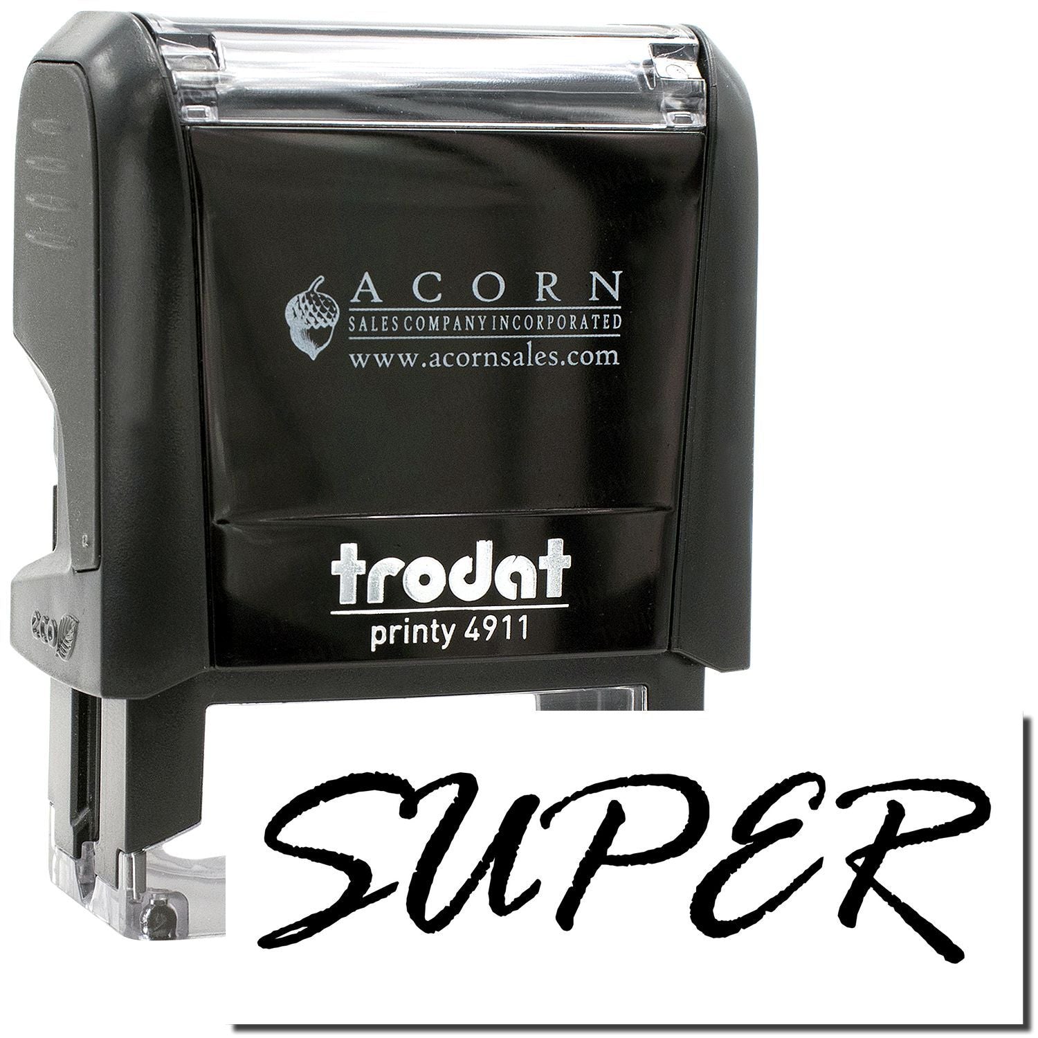 Trodat Printy 4911 self-inking stamp with Super text, black Acorn Sales company stamp design